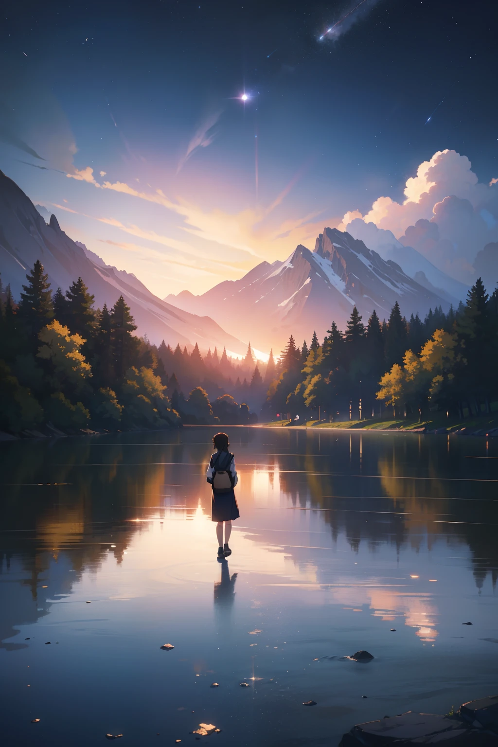 High quality masterpiece ,scenecy,Anime train passing through bodies of water on tracks, Glittering starry sky。Romantic train,pixiv,concept-art,Lofi art style,Reflectors。 by makoto shinkai, lofi art, beautiful anime scenes, Anime landscapes, Detailed scenery —width 672, in style of makoto shinkai, style of makoto shinkai,Detail enhancement
