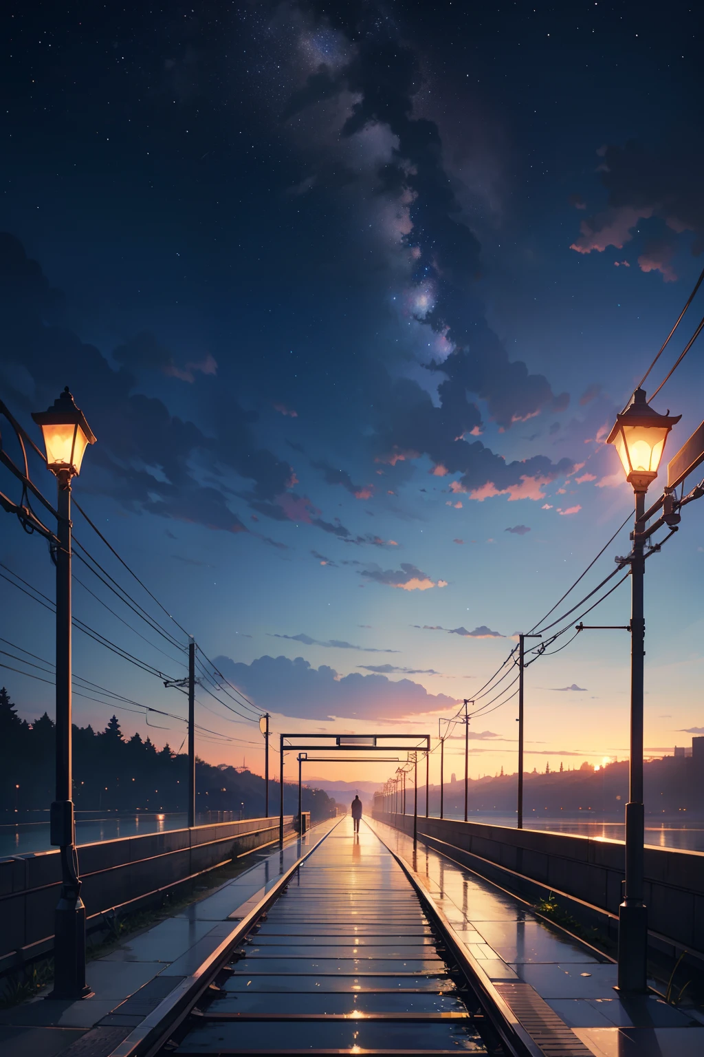 High quality masterpiece ,scenecy,Anime train passing through bodies of water on tracks, Glittering starry sky。Romantic train,pixiv,concept-art,Lofi art style,Reflectors。 by makoto shinkai, lofi art, beautiful anime scenes, Anime landscapes, Detailed scenery —width 672, in style of makoto shinkai, style of makoto shinkai,Detail enhancement