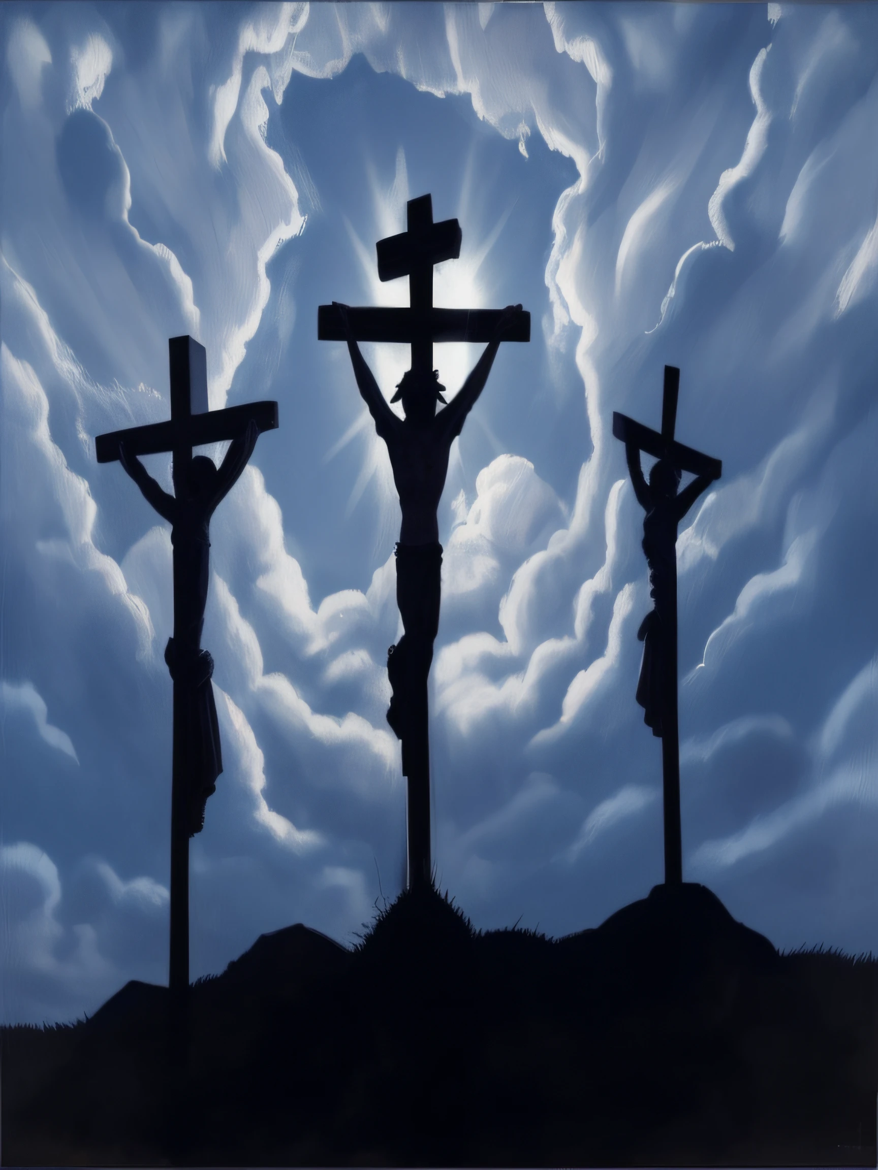 Three crosses on a hill with clouds in the background, crucifixion, Jesus na Cruz, Jesus na Cruz, Jesus Cristo na Cruz, Crucifixo, Sombra da Cruz, Cruzes, cruz, Jesus Cristo, Christian art, Trindade, religioso, Santa Cruz, salvation, religión, Jesus, cross composition, Directed by: Carlos Trillo Name