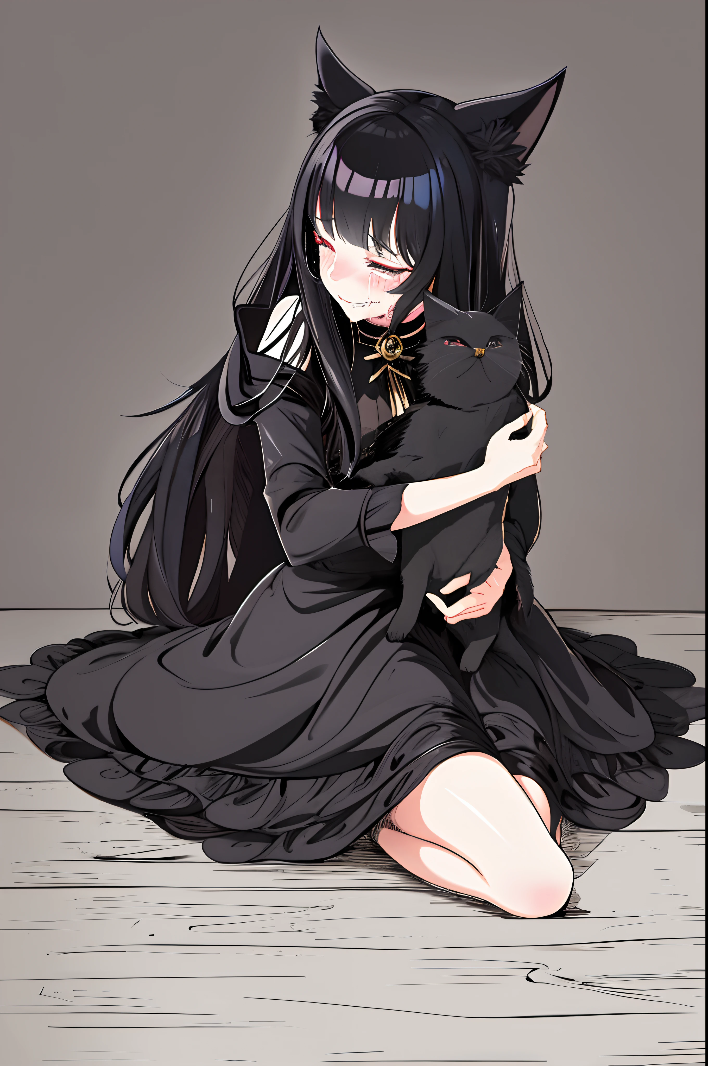 Draw a gothic catgirl Miqote crying, dressing a black dress, petting a black cat in a fantasy world. Ultra realistic style.