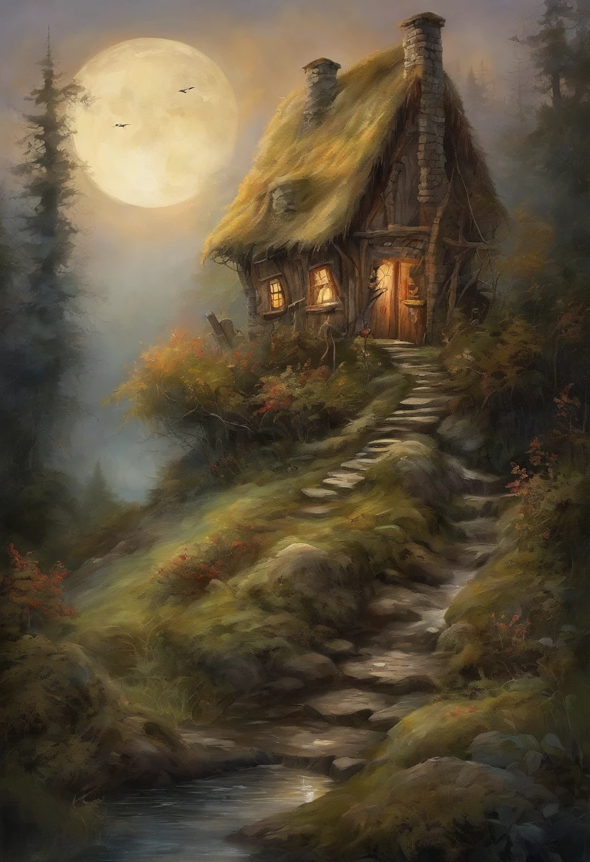 a girl with flowing hair gazes at the house of the forest witch (Baba Yaga) in the woods, view from behind the girl,illustration,ultra-detailed,highres,(best quality,4k,8k,masterpiece:1.2),vivid colors,fantasy,hair flowing in the wind,enchanted forest,dramatic lighting,dreamlike atmosphere,ancient and mysterious house,whimsical details,thick vegetation,atmospheric fog,faint moonlight,crescent-shaped moon,wisp of smoke from the chimney