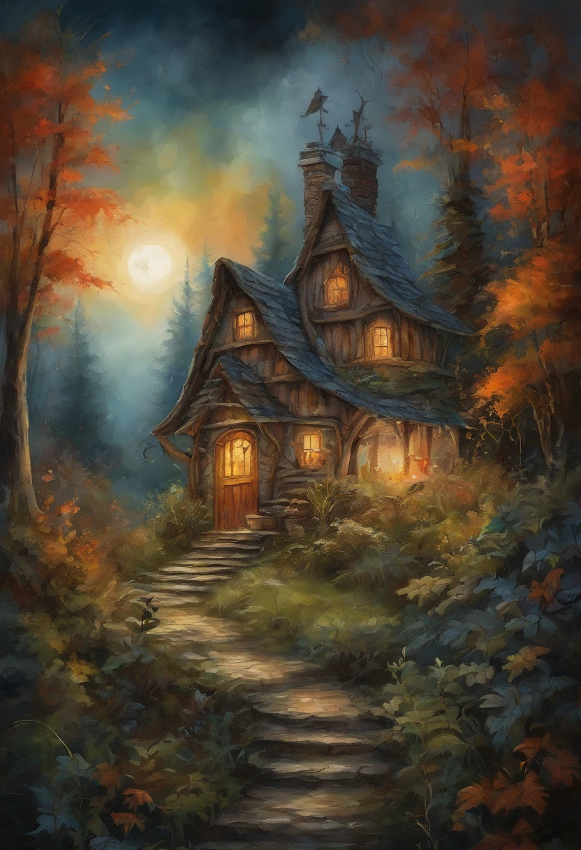 a girl with flowing hair gazes at the house of the forest witch (Baba Yaga) in the woods, view from behind the girl,illustration,ultra-detailed,highres,(best quality,4k,8k,masterpiece:1.2),vivid colors,fantasy,hair flowing in the wind,enchanted forest,dramatic lighting,dreamlike atmosphere,ancient and mysterious house,whimsical details,thick vegetation,atmospheric fog,faint moonlight,crescent-shaped moon,wisp of smoke from the chimney