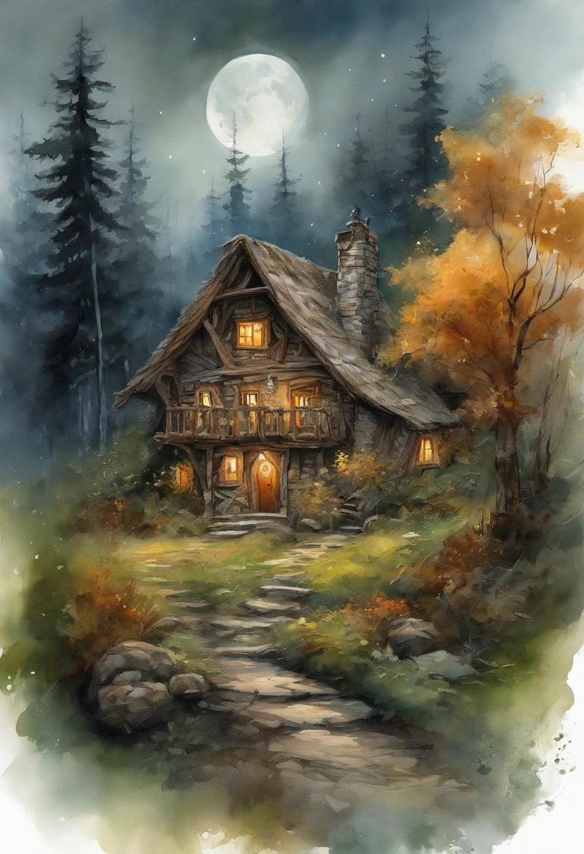 a girl with flowing hair gazes at the house of the forest witch (Baba Yaga) in the woods, view from behind the girl,illustration,ultra-detailed,highres,(best quality,4k,8k,masterpiece:1.2),vivid colors,fantasy,hair flowing in the wind,enchanted forest,dramatic lighting,dreamlike atmosphere,ancient and mysterious house,whimsical details,thick vegetation,atmospheric fog,faint moonlight,crescent-shaped moon,wisp of smoke from the chimney