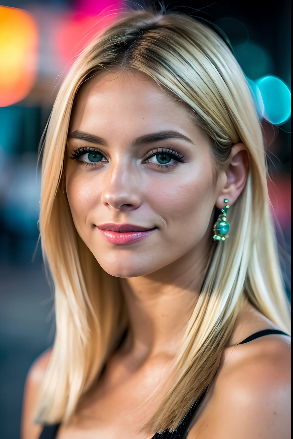 Full body RAW uhd photo of a 24-year-old blonde .Mujer de ojos verdes. senos naturales_b, (escote), detallado (Texturas!, cabello!, brillar, Color!!, imperfecciones:1.1), ojos brillantes altamente detallados, (Looking at the camera), specular lighting, DSLR, calidad ultra, foco nítido, Tachuela afilada, DOF, Film grain, (centrado), Fujifilm XT3, Cristalina, Centro del marco, Cara hermosa, foco nítido, farola, Neon lights, Bokeh
