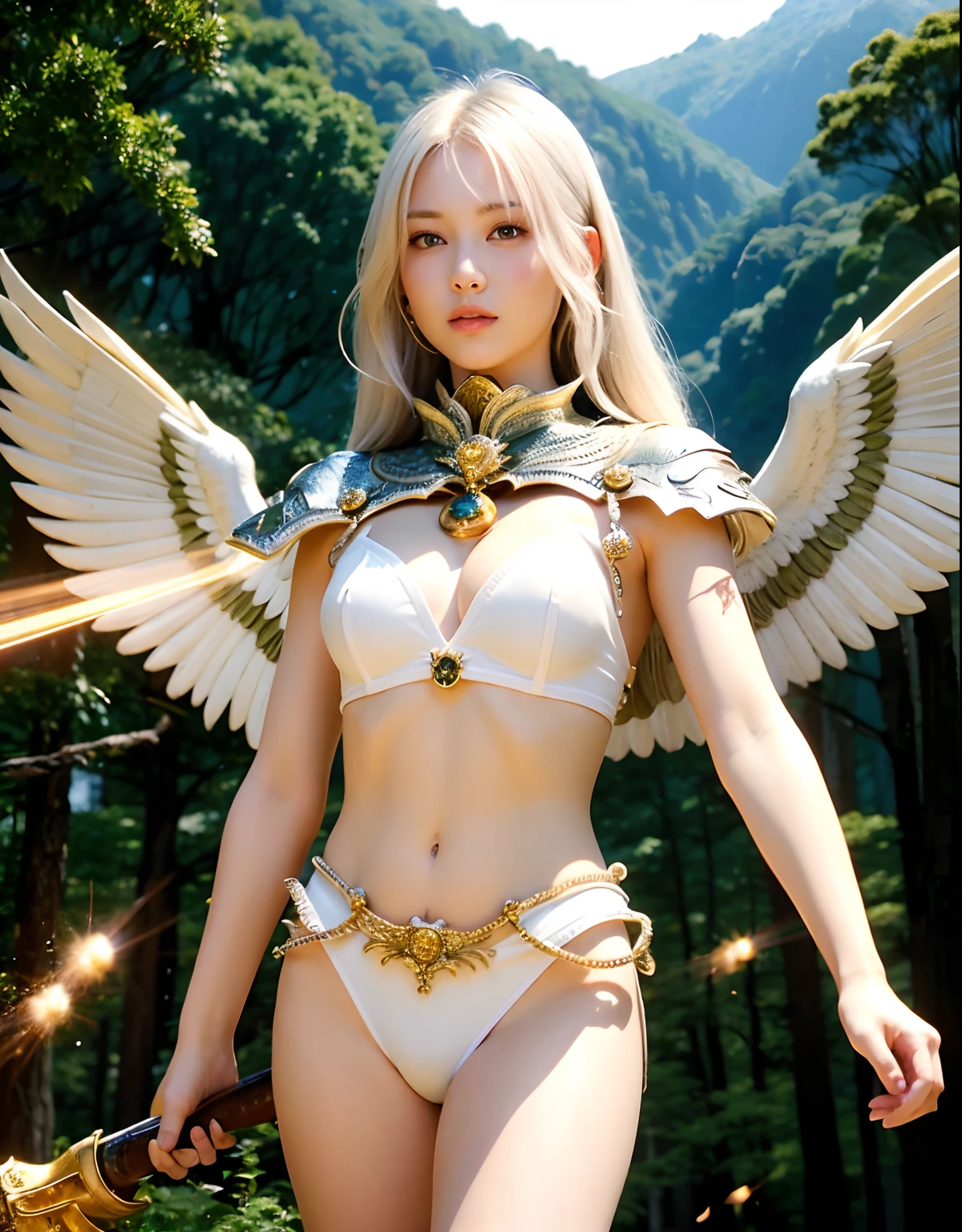 (bestquality, 10, masterpiece :1.3), (Realistic, photorealistic portrait: 1.37), (1girls), Fairy,((The angel has large white wings.), (Glow Wings), (big wings), (clear wings)), The model floats off the floor., Toes digging into the floor (A beautiful woman in her 20s.....), (slim), (Focus on the slender abdomen..... :1.3), (korea), (.), (Stand on your toes.), breasts, exposed cleavage, ((Silvery-White Hair)), exquisite facial features, Open the show, fantasy, Slender Figure, Super Fine Face, Fine Eyes, 二重まぶた, (long-haired, very long hair , I spread out.), (large boobs :1.3), (outdoor), (Ultra-detailed face), (detailed eyes), (二重まぶた), (Rich eyeshadow), (many eyelashes), (elongated legs), (Professional lighting), (photons mapping), (radiosity), (Look directly at the audience...) Model, Backlight, focus on style, sky backdrop,blur, Busty model, nude model, No clothes.