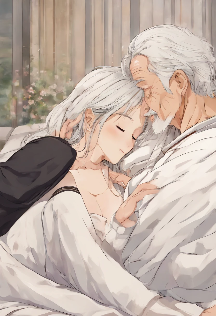 (best quality, realistic)  old man and a girl sex in room in lap hug position sex, side view, home, bed,old man hugging the girl in tightly,lap hug sex, kissing with tounge,couples, gigantic_breasts, girl got huge breasts, high quality, realistic, Photorealistic, masterpiece, a girl  with a old man, detailed old man, young girl, detailed old man, tattoo body girl, with closed eyes, detailed old man,4k, sitting lap sex, face to face lap hug sitting,sitting in the floor bedsheet, detailed old man,