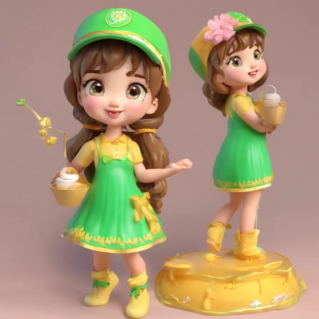 super cute girl, Bright eyes, cherub,Little green dress, wearing randoseru, suprised face, painter's hat, Clay, Models, a blind box toy, Glossy and delicate,Clean background, Good gloss, 3D rendering of,Best quality
