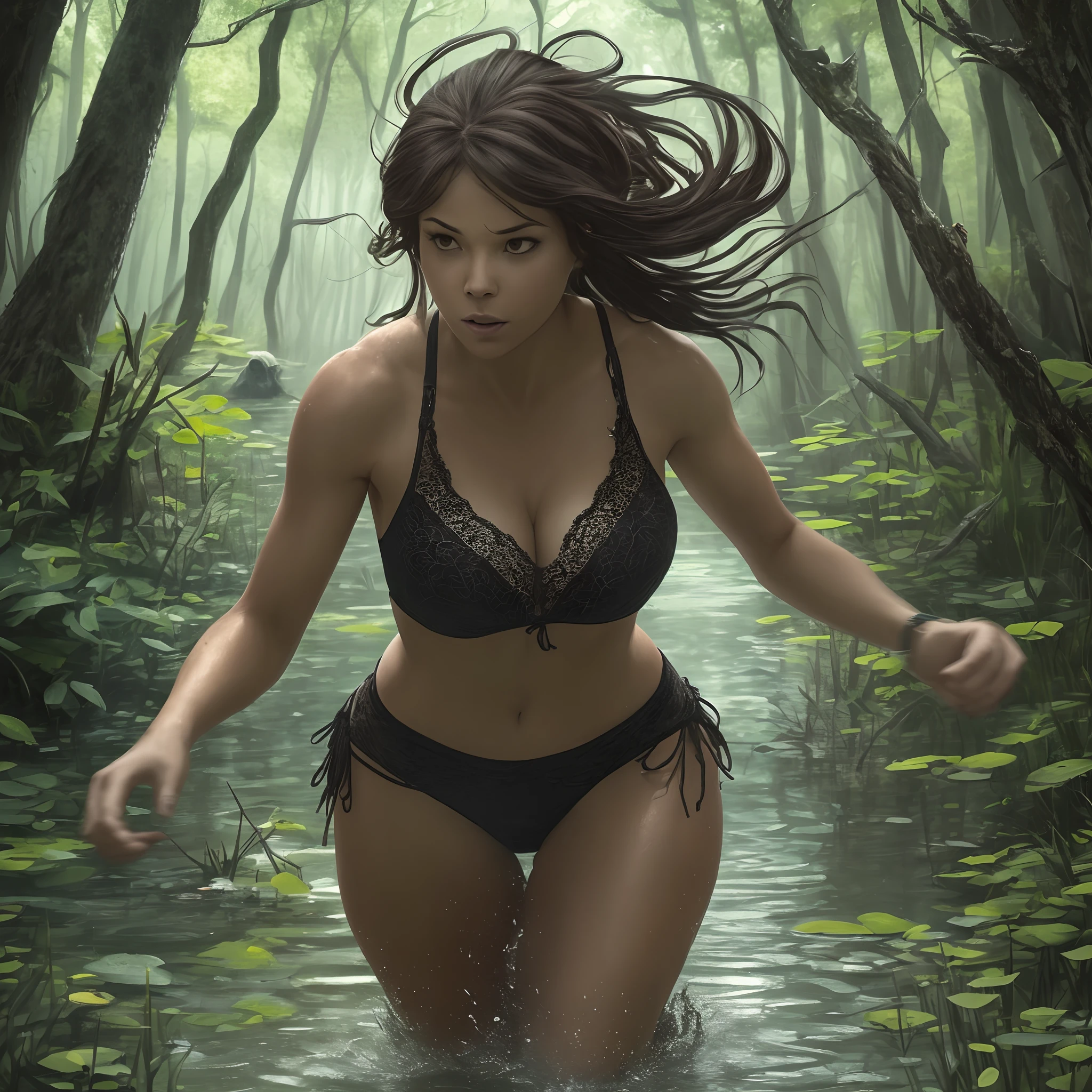 Create an image of a beautiful woman running away from Bigfoot through a swamp. In the background, depict Bigfoot and a creepy, dark forest --auto --s2