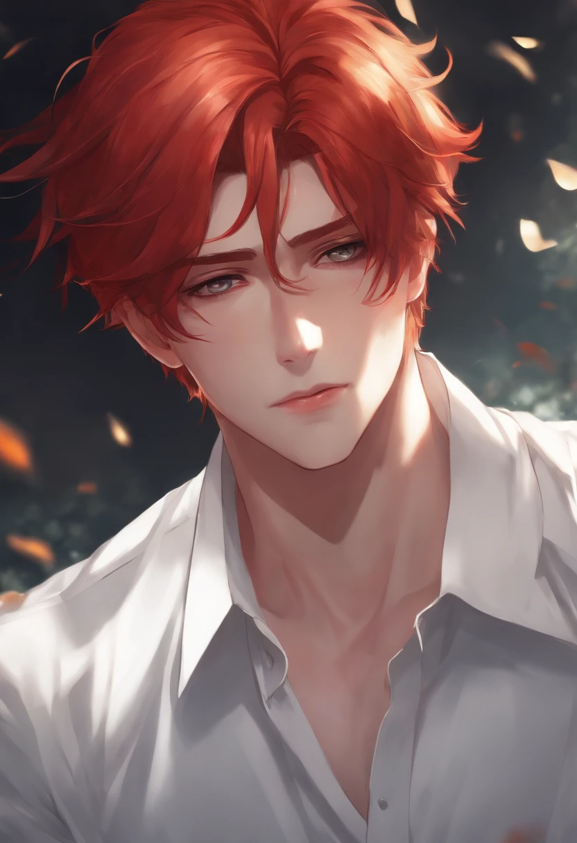 Anime Guy, Red Hair, White Skin, Depressed Face, White Shirt.