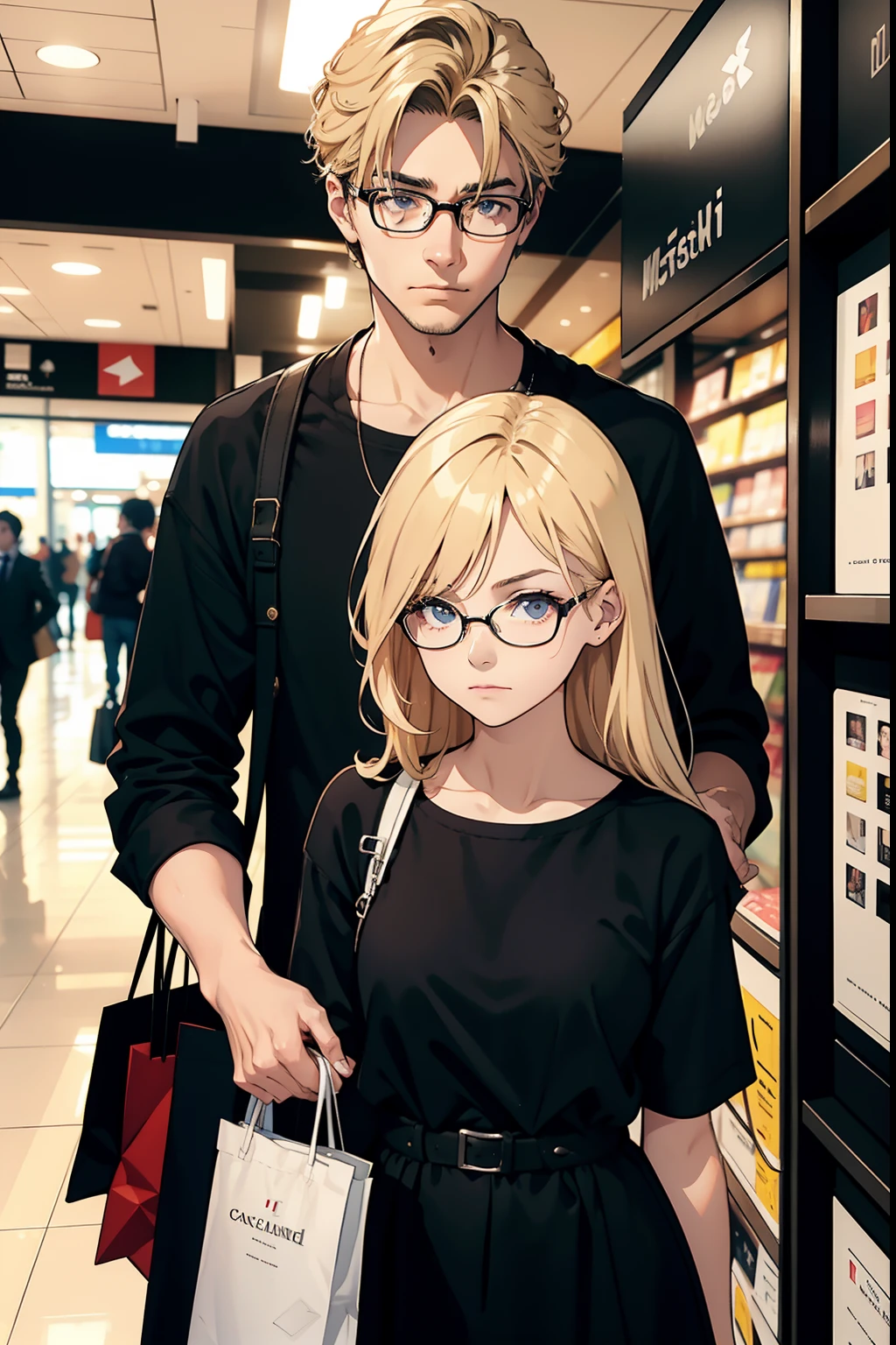 blond woman with glasses and a man with a book and dark hair, at a mall, in a mall, stood in a supermarket, looking at each other mindlessly, very very low quality picture, appearing in a shopping mall, looking distracted and awkward, stares at the camera, low quality photo, they are very serious, taken with sony alpha 9, in love selfie, very accurate photo