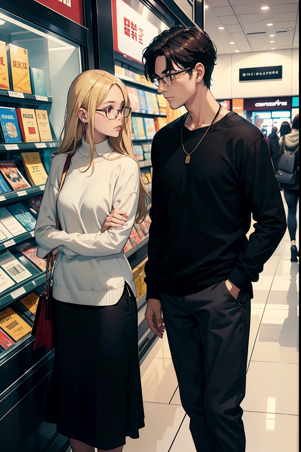 blond woman with glasses and a man with a book and dark hair, at a mall, in a mall, stood in a supermarket, looking at each other mindlessly, very very low quality picture, appearing in a shopping mall, looking distracted and awkward, stares at the camera, low quality photo, they are very serious, taken with sony alpha 9, in love selfie, very accurate photo
