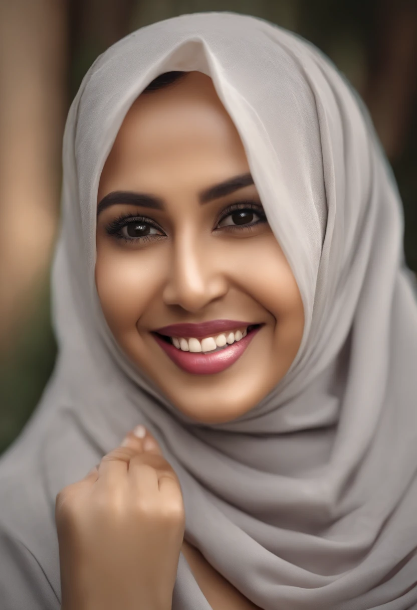 woman in a bed wearing a blue hijab and smiling, smile with deep dimples, malaysian, headshot profile picture, juliana syafie, 30 years old woman, dimple smiling and looking directly, warm and gentle smile, lovely smile, selfie shot straight on angle, charming smile, curvey body, white skin