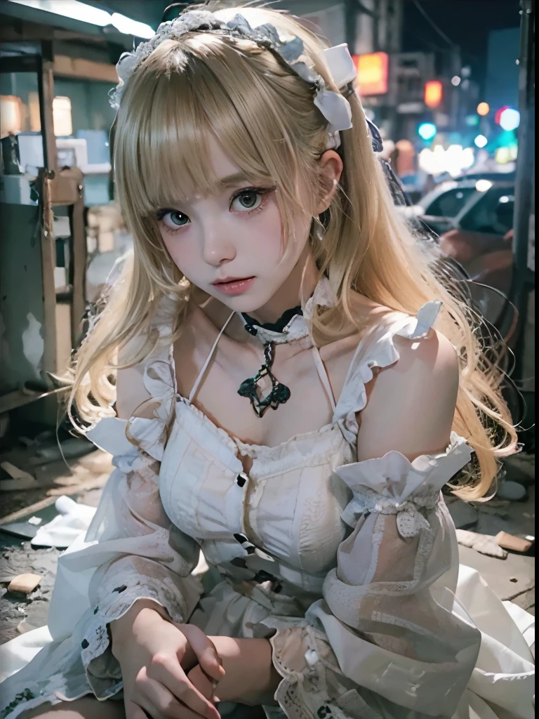 8K, Raw photo, Photorealistic, Realistic, (Detailed skin, Best Quality:1.2), night time, (, Fairer skin, petite bo, Teenage girlht, (light blonde long_hime_cut_hairstyle), (Full body shot), White sweetlolita Dress, Abandoned hotel at night, cracked wall, sitting on the floor, cinematic dark lighting