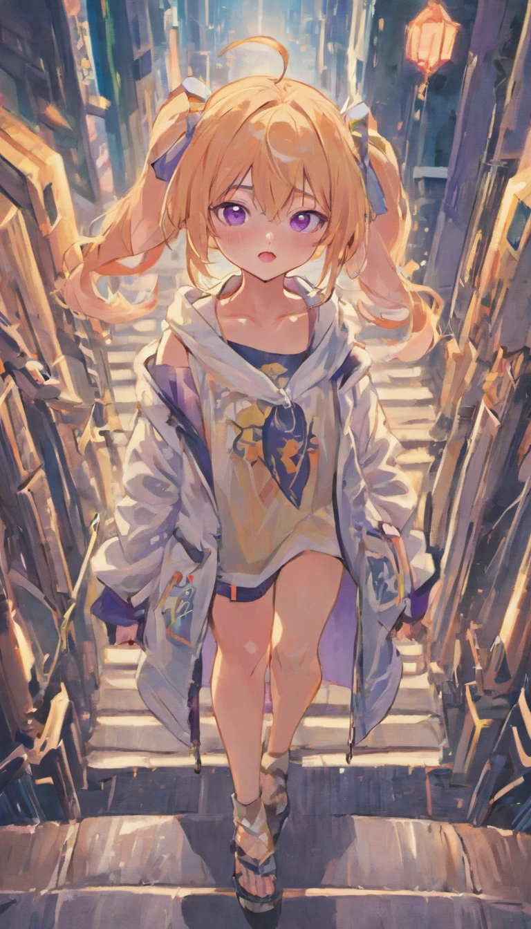cabelos preto e longos,aloof temperament,Manteau blanc,short man,heeled sandals,Purple eye,denim pant,Very detailed 8k cg wallpaper,solo person,side looking,Highest image quality,(Masterpiece, Best quality, 超高分辨率),电影灯光,particulate。