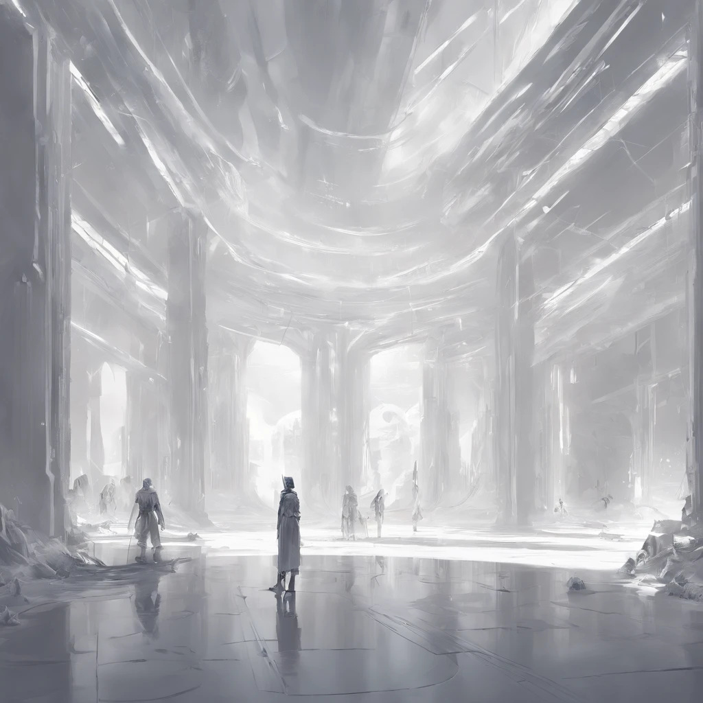 Pure white room，Meticulous environment，Standing full of people