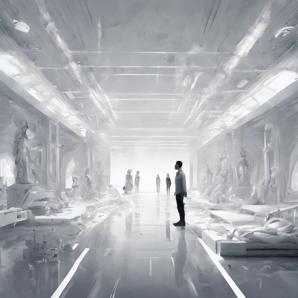 Pure white room,Meticulous environment,Standing full of people