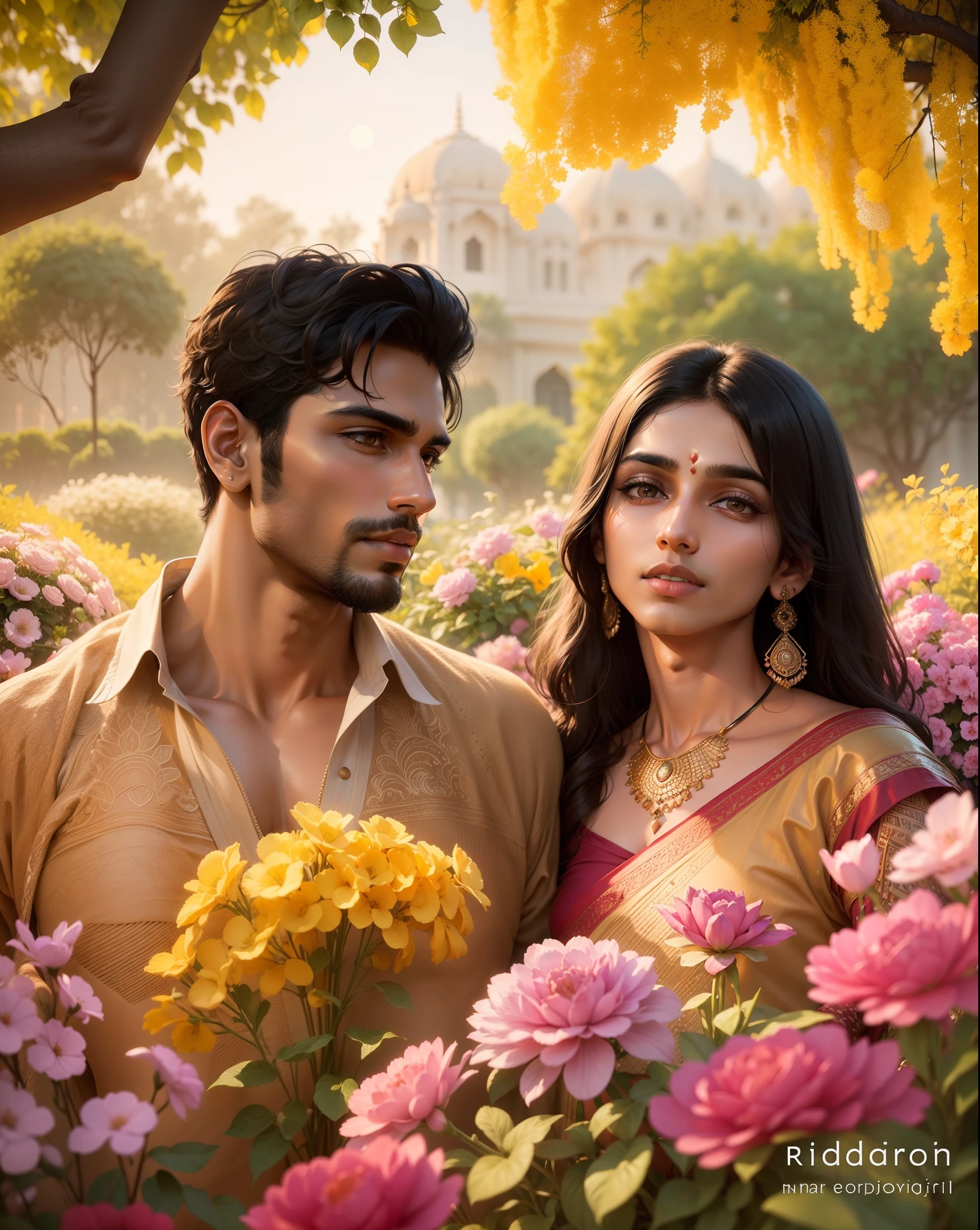 a Beautiful Indian couple of handsome men and beautiful women, romantic pose, in big moon night, dinner in garden, soothing tones, muted colors, high contrast, (natural skin texture, hyperrealism, soft light, sharp, full body), Beautiful background,simple background,