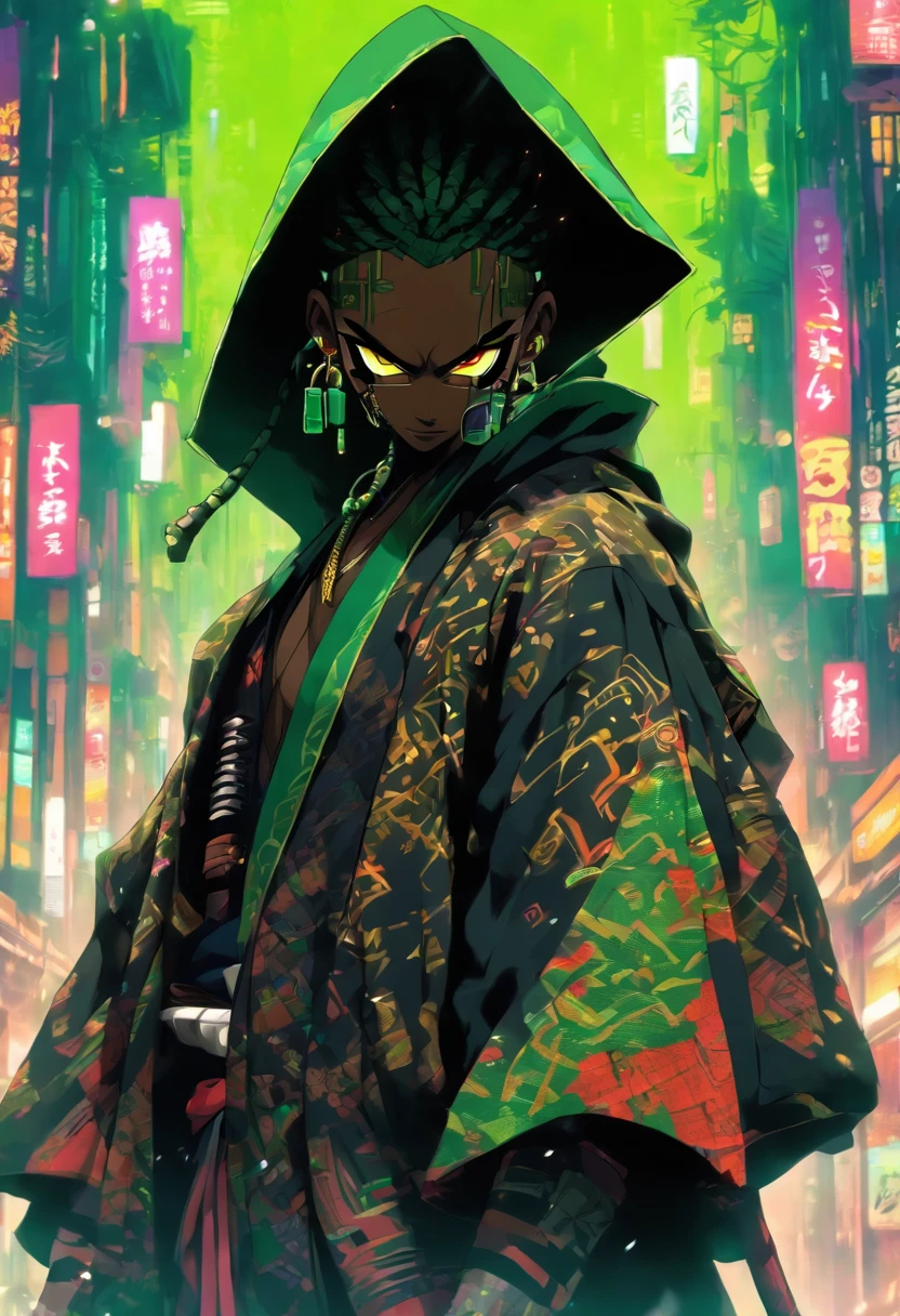 African personagen in black and green kimono mask and hood with a cyberpunk style katana at the waist