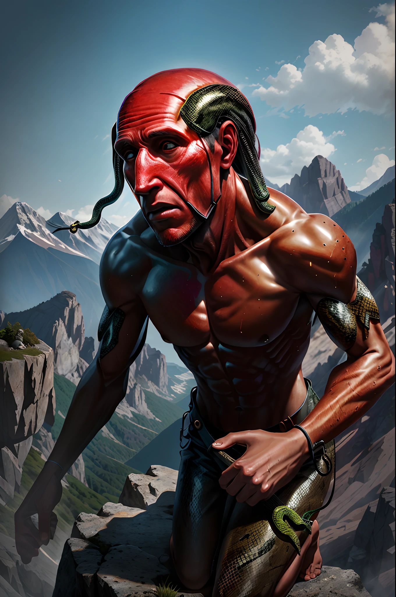 Ultra-high-definition, award-winning dark fantasy artwork featuring a surreal and eerie landscape in 4K resolution. The layout is vertical, with a central figure standing tall in the background, holding two intricately detailed swords. The figure has a skeletally accurate face and is draped in a meticulously textured, tattered, and flowing garment. The sky is a vivid, ominous red with a bright, glowing sun. The ground is cracked and barren, with a river of blood-red liquid flowing towards the foreground. In the foreground, there is a grotesque, anatomically correct, partially decomposed humanoid figure with exposed muscles and tendrils, lying on the ground, showcasing extraordinary texture and detail in its skin. The overall color palette is dominated by dark tones and shades of red, creating a haunting and unsettling atmosphere.