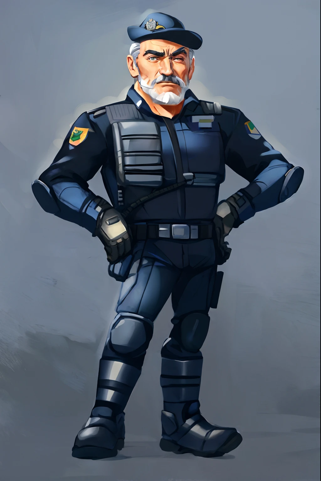 Cartoon illustration of a man in a police uniform with his hands on his hips, design de personagens policial homem, design de personagens policial homem!!, Sean Connery como Big Boss, Elon Musk como soldado, Joe Biden no Team Fortress 2, Joe Biden como um personagem JoJo, James Cameron Estilo Avatar, Sigma de Overwatch, Retrato de corpo inteiro do personagem, T-1000