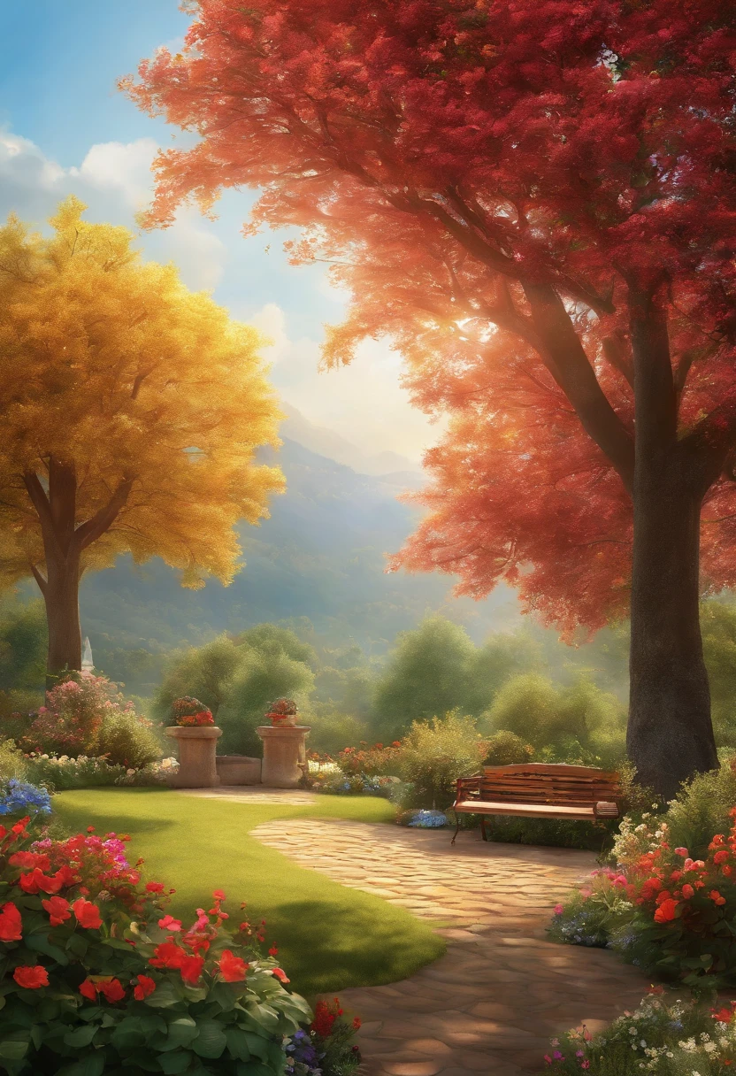 (best quality,highres),lively garden scene,friendly interaction,soft lighting,vibrant colors,beautiful flowers,tall trees under the sunlight,playful birds chirping,joyful children running and laughing,butterflies dancing in the air,sweet fragrance filling the atmosphere,gentle breeze rustling the leaves,meticulously detailed plants and grass,palette of vivid colors,harmonious combination of red, orange, yellow and green,happy family enjoying a picnic on a blanket,delightful sound of a guitar,brilliant sunshine illuminating the scene,peaceful and serene ambiance,scenes of people smiling and talking,enjoying the company of loved ones,lush and vibrant greenery enveloping the garden,bright and cheery flowers in full bloom,refreshing and lively atmosphere,everything bursting with life,soft and warm sunlight creating gentle shadows,playful squirrels hopping between branches,overflowing with positive energy,sparkling water fountain in the center,inviting benches for relaxation and contemplation,HDR colors enhancing the vibrancy,delicate petals and intricate details of every flower,ultra-detailed leaves with unique patterns,photorealistic portrayal of joyful expressions,realistic rendering of sparkling water droplets,artistic brushstrokes capturing the lively atmosphere,skillful depiction of light and shadow,breathtaking view of a lively garden scene,transports you into a world of beauty and serenity.