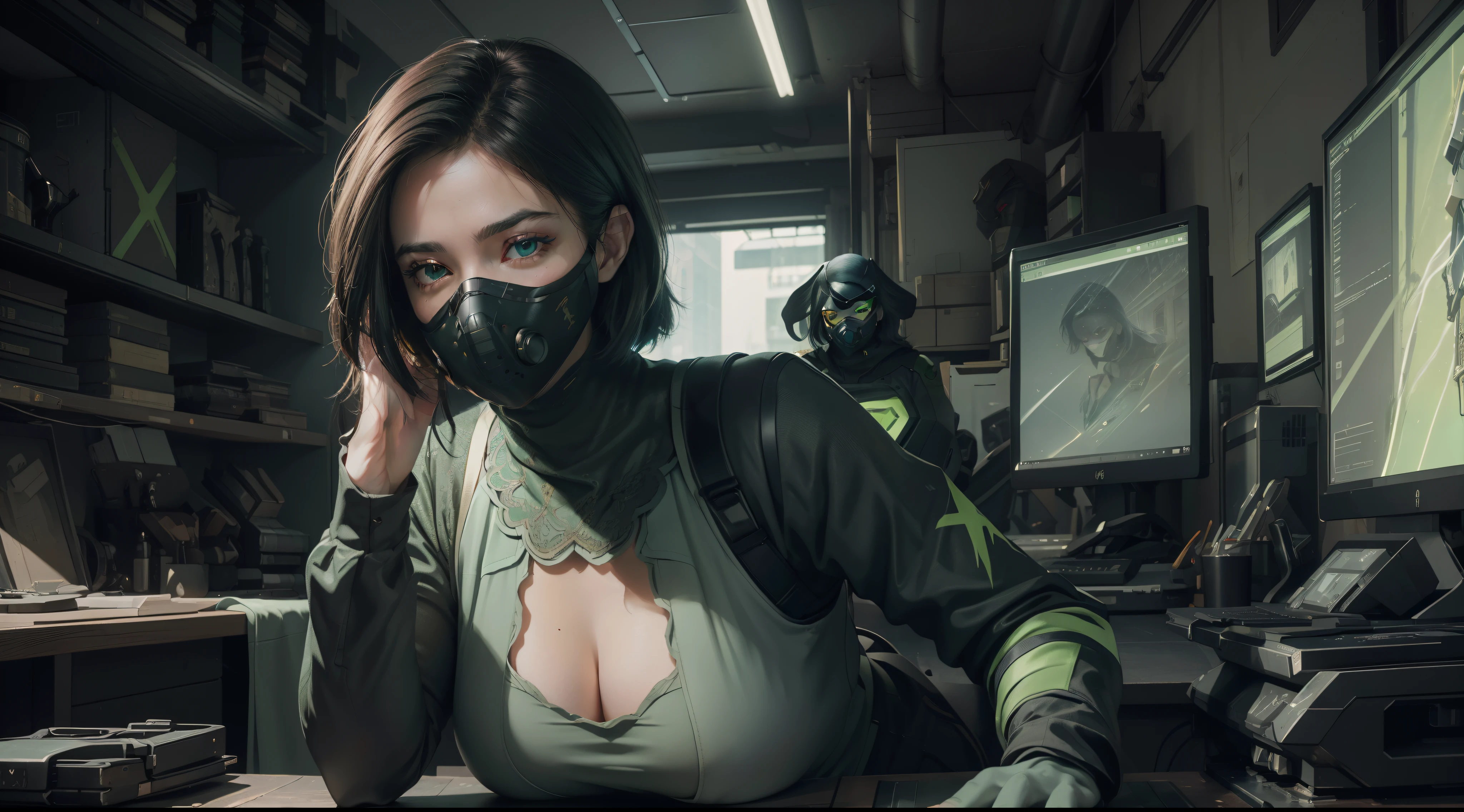 insane details, beautifully color-graded, Unreal engine, Depth of field, extra high resolution, megapixel, Cinematic Lightning, Smoothing, insanely detailed and intricate , Hyper maximalist, hyper realistic, volumetric, Photorealistic, ultra photorealistic, ultra- detailed, intricate details, 8K, Super detailed , Full color, voluminous lighting, HDR, Realistic, Unreal engine, 16k, sharp-focus, Octane Render, RTX. Incredibly detailed faces, Incredible fingers, Unbelievable eyes, Incredible hair, Incredible hands ((( Free postures, sexuality ))) (( brightly, brightly:1,3 , color corrected )) (( Good, ssmile )) ((( Rotated to the right ))) (( big breastes)) (( in clothes )), tmasterpiece, ( venom, Green, tmasterpiece ) (( Respirator face mask )) (( green eye color )), on the background map from Valorant, Against the background of the laboratory, Chemistry, (((((SOLO)))))