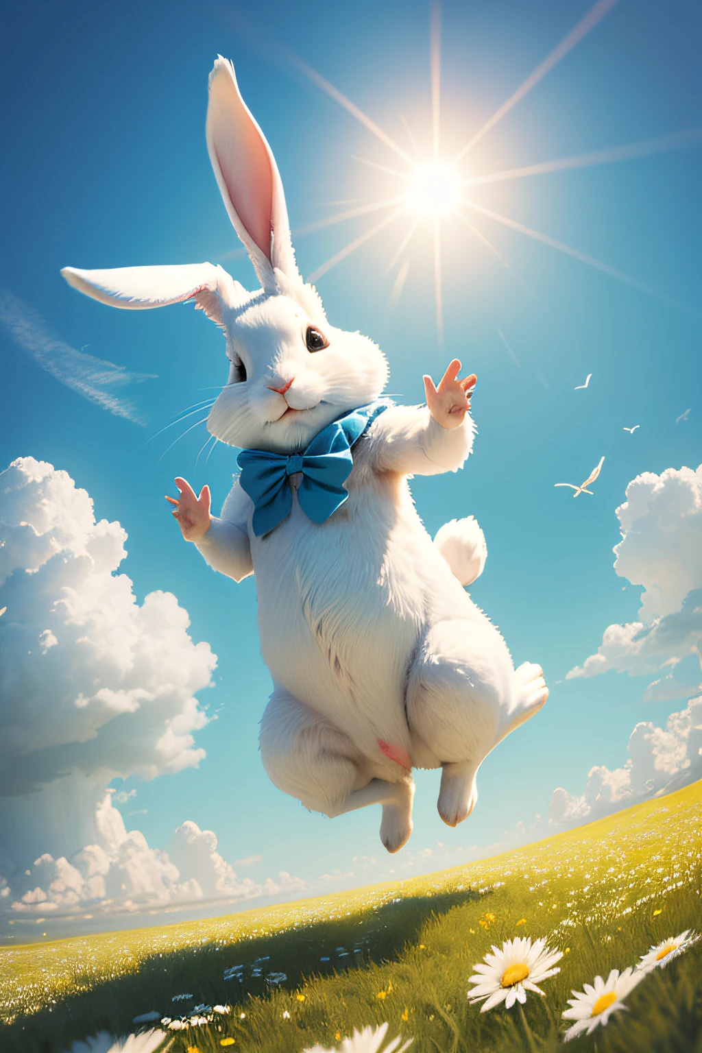 The image shows a white rabbit flying through a field of flowers. The rabbit is small and has long, floppy ears. It is surrounded by a cloud of white dandelions, which are also flying through the air. The background is a lush green meadow, with tall grass and wildflowers. The sun is shining brightly, and the sky is a clear blue.
The image is whimsical and dreamlike. It captures the sense of magic and wonder that is often associated with rabbits. The flying rabbit is a symbol of freedom and imagination. It suggests that anything is possible, if you dare to dream. --auto