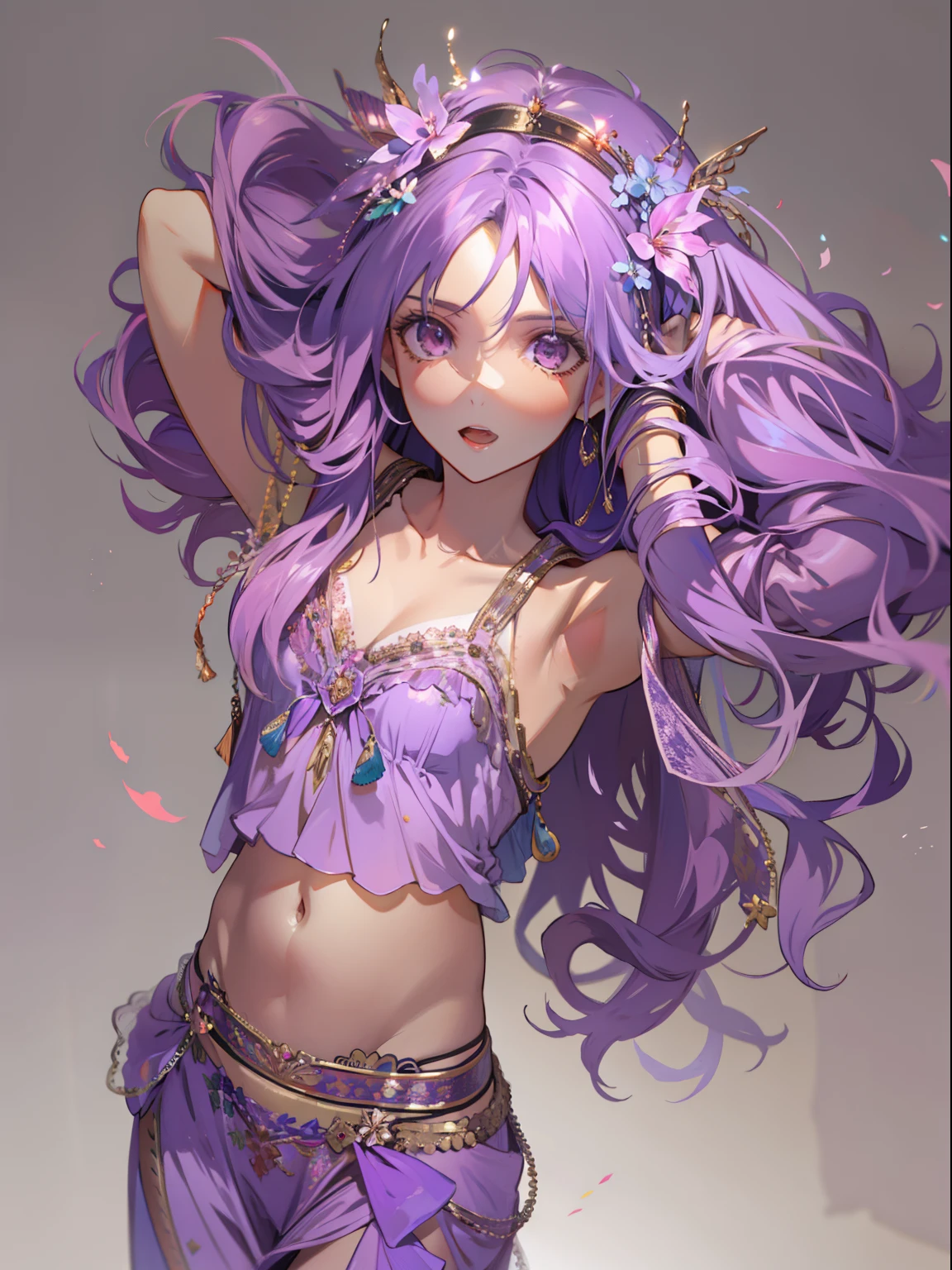 Lilac hair, two side up, portrait, 12 years old, bellydancer