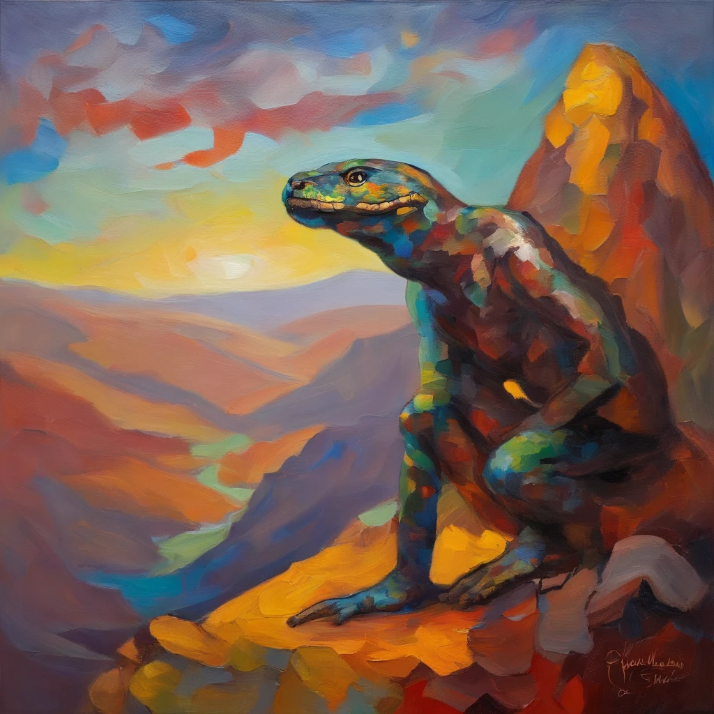 A primitive man with a human head and the body of a snake on a mountain peak
