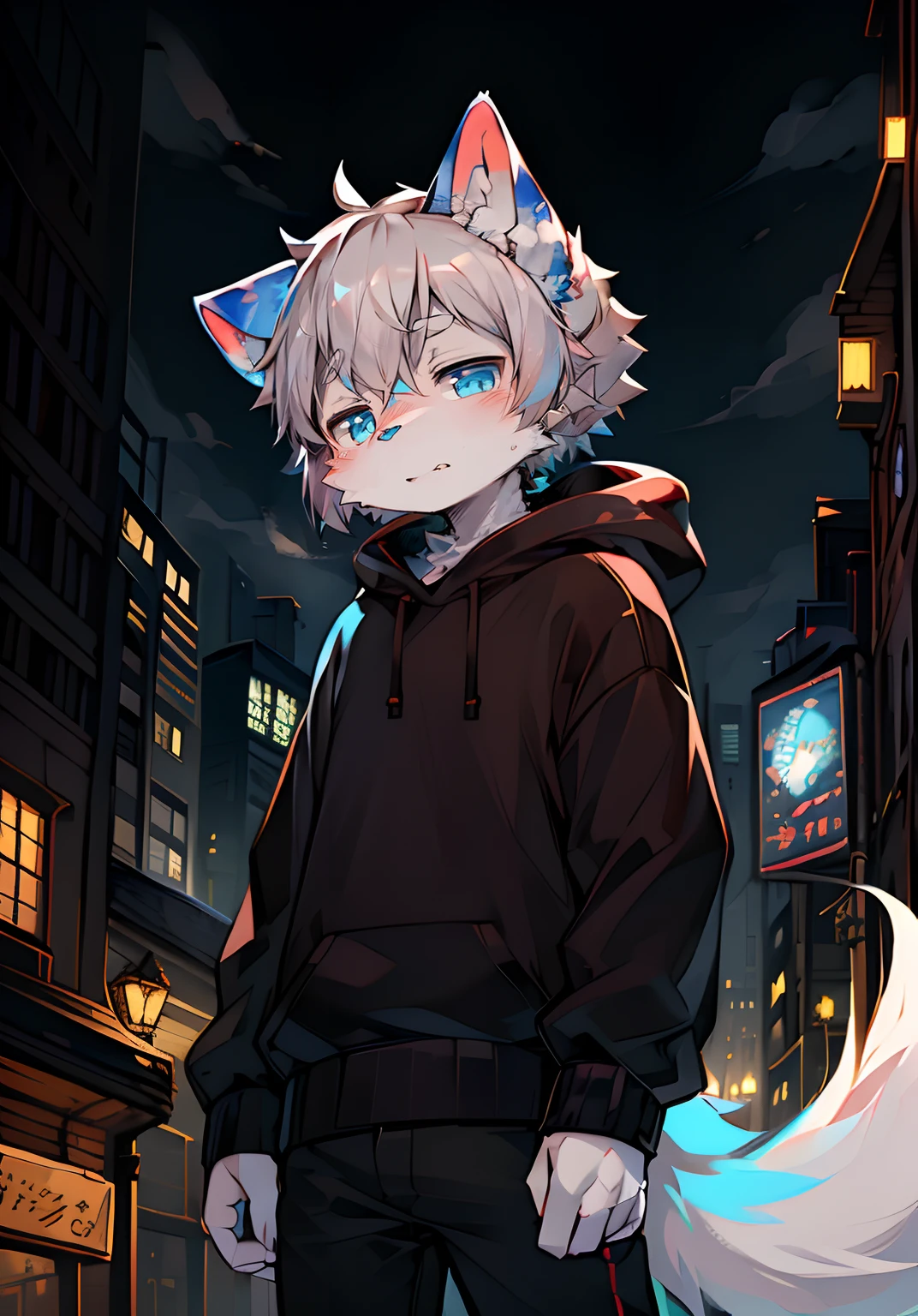(ambiente dark:0.8),Masterpiece,High quality,abstract res,Digital painting\(artwork of a\), by Dagasi, Yupa,Kiyosan,(anthro,Fluffy fur,Character focus:1.1),anthro male cat,Short hair,Portrait , eyes with brightness, in a panoramic view, Character focus.(detailedbackground:0.7), 独奏, shaggy, shaggy male, malefocus, anthr,(Full Body Furry, Fluffy tail, White fur, blue color eyes, Gray hair:1.2), (long canines、Vampires、Black sweatshirt、Black pants:1.2),(Modern age city、the night、cyber punk perssonage、neonlight:1.1),4K,Face away from the camera