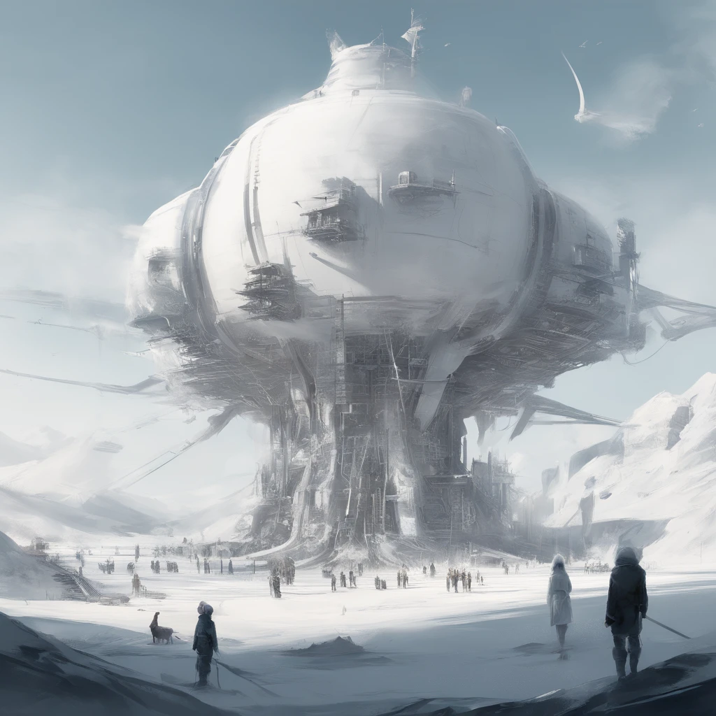 Pure white room,Meticulous environment,Standing full of people,Aerial suspension machinery,horn