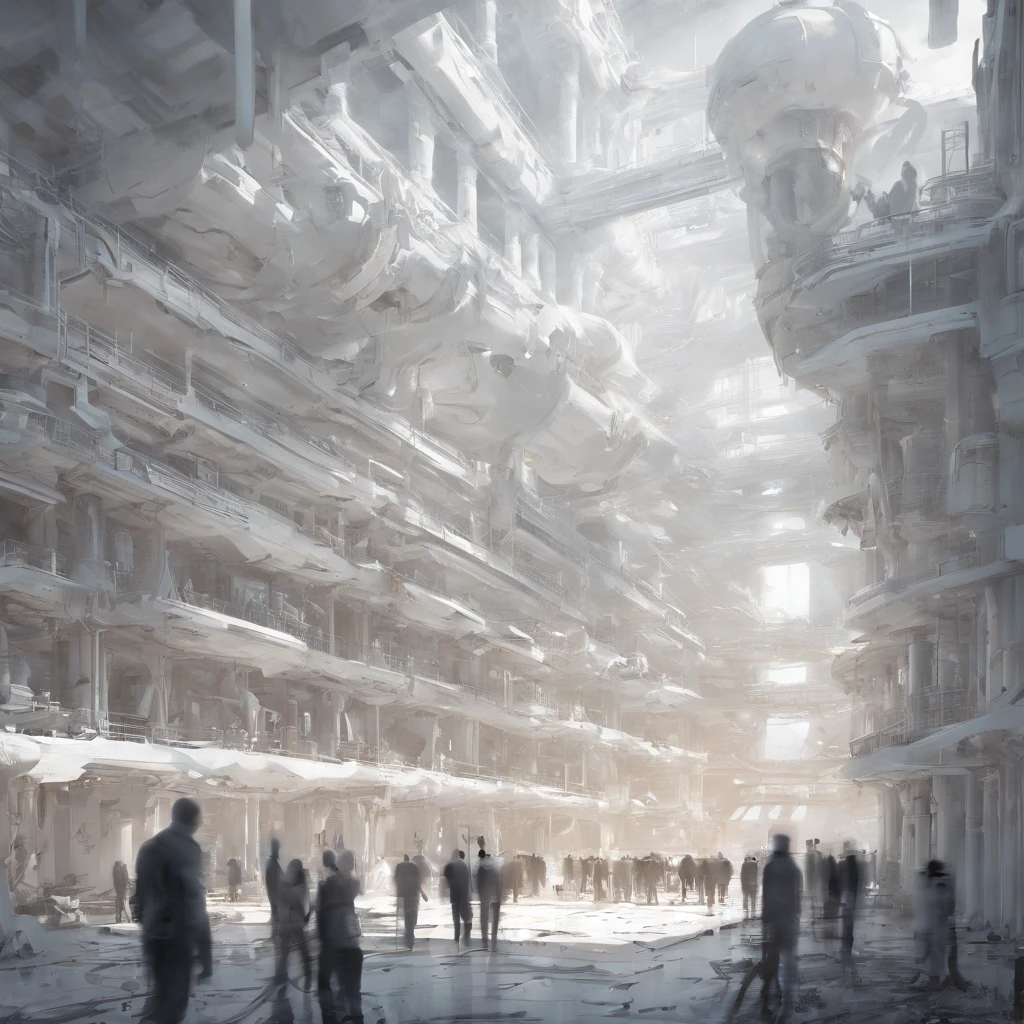 Pure white room,Meticulous environment,Standing full of people,Aerial suspension machinery,horn