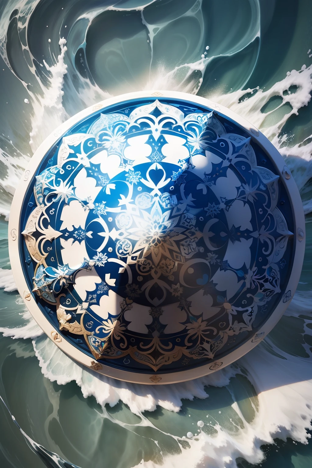 A round ornamental mandala made of a swirling, whirlpool of splashing blue ocean water.