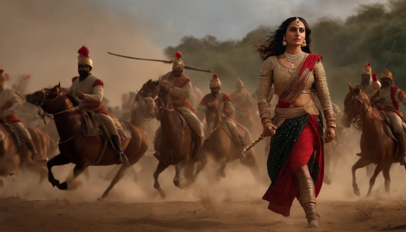 {It vividly depicts the rebellious queen Rani Lakshmibay dressed in traditional 19th-century Indian combat attire, Lead her troops into fierce battles，The moment she was hit in the abdomen by a bullet}, Realistic style, Artistic inspiration by Greg Rutkowski, camera: Medium telephoto, Shot: Wide, Rendering-related information: (hyperrealistic 3 d render:1.16), (rootkowski:1.1), (Intricate details:1.2), (Oil painting:1.3)