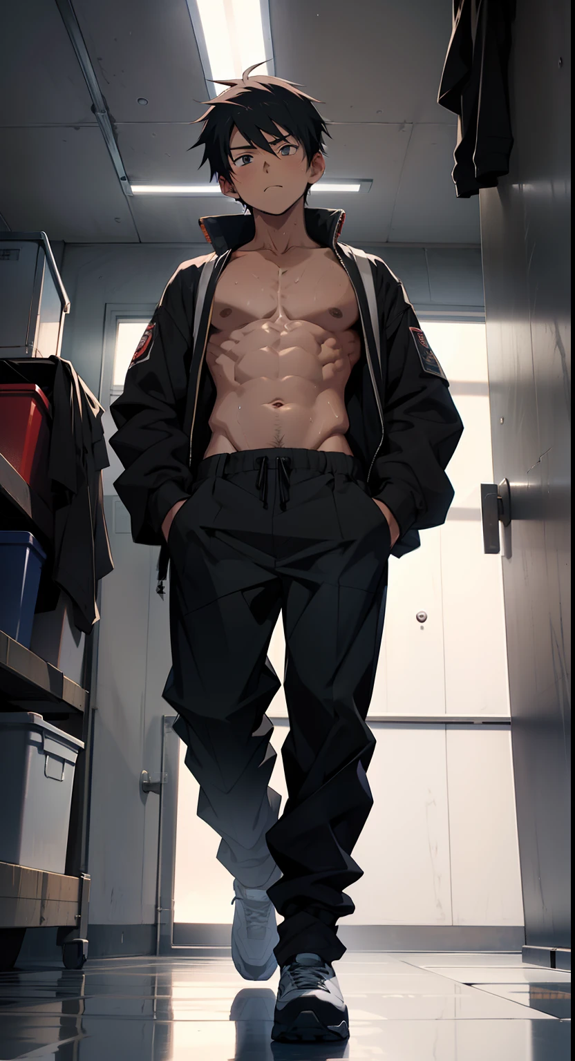 (full body)(photo angle from below) anime boy, , cute face, solid body, wearing baggy black pants, standing, hands in pockets, topless, shirtless , sweat flowing profusely