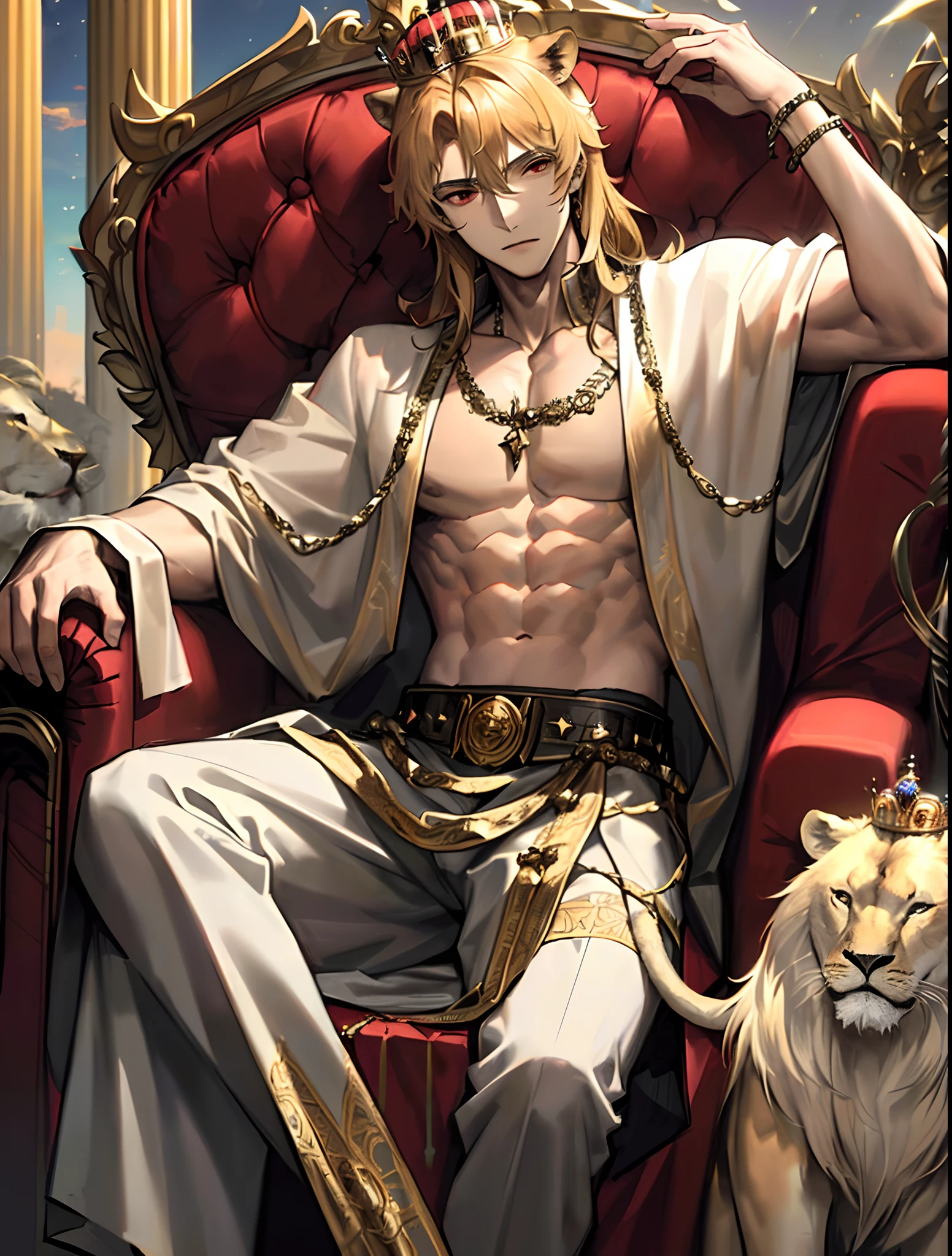 Young man with a crown on his head，The spirit of kings，Sitting on a throne，There is a lion lying on his stomach at his feet，Gorgeous accessories，chest muscle，White hair，Characters account for 4/1