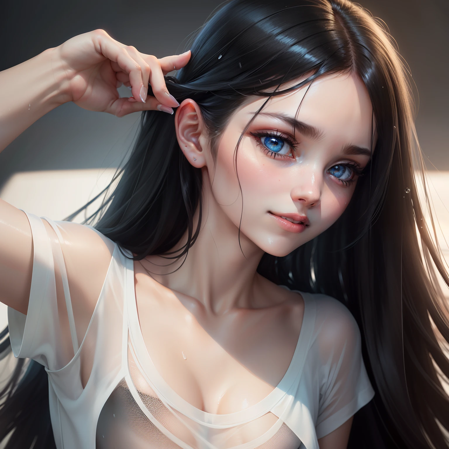 beautiful girl with long black hair, wearing a transparent white t-shirt, wet with sweat, beautiful eyes, beautiful blue pupils, beautiful small nose, thin lips with a beautiful smile, midjourney style super realistic hyperrealistic detail photography, perfect photos, perfect drawing, perfect resolution, perfect eyes, ultra realistic