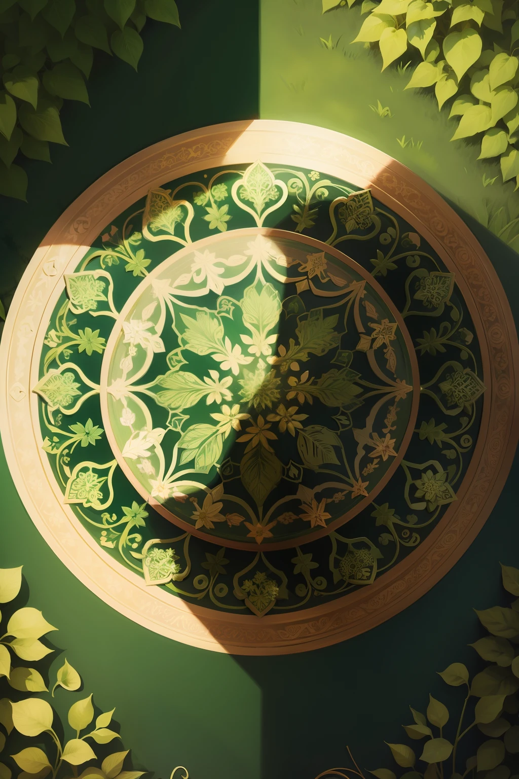 A round ornamental mandala made of green vegetation, plants, flowers and vines.
