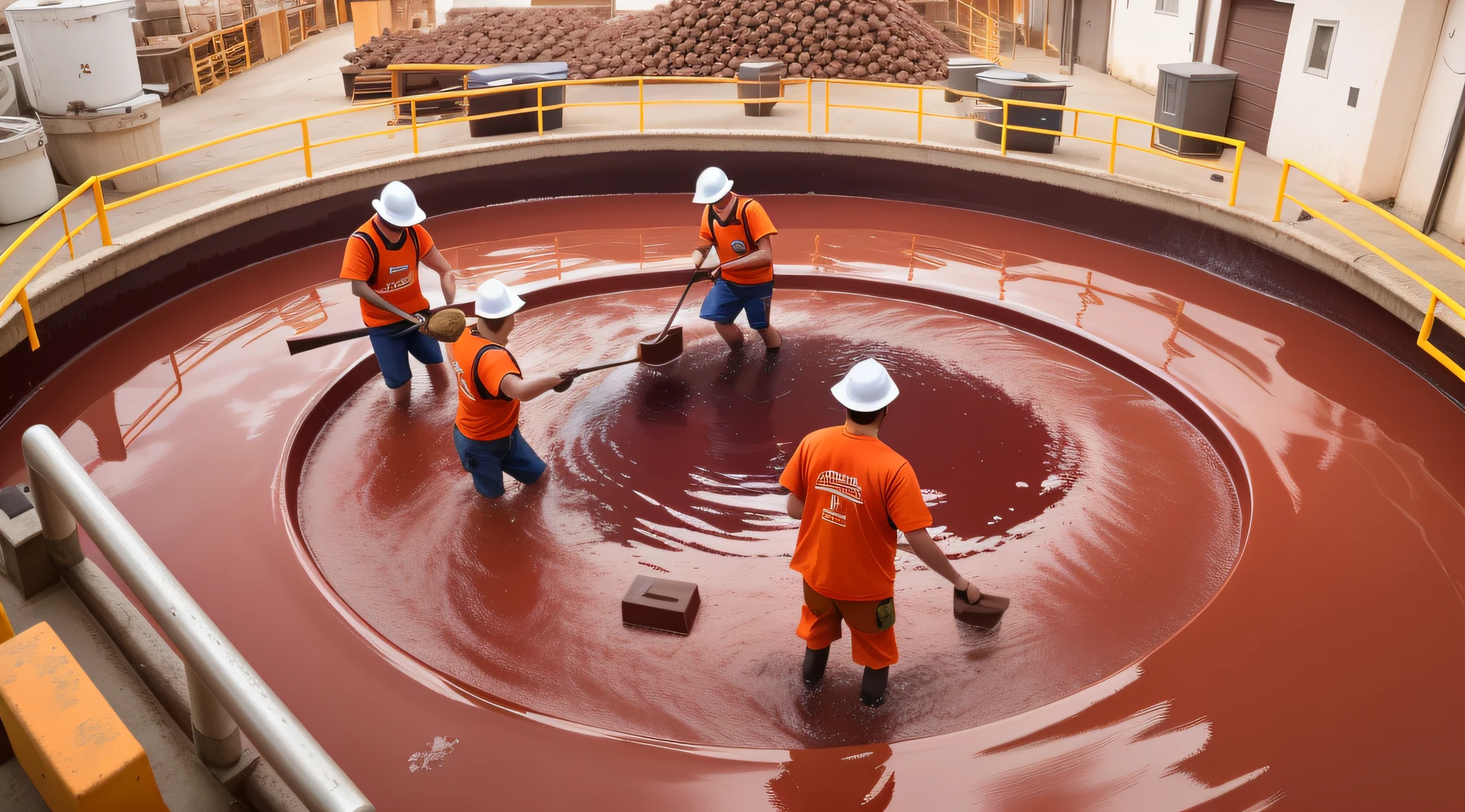 Workers in orange uniforms are working in a large chocolate factory, Rio do Chocolate, swimming in a pool of coffee, inspirado em Anish Kapoor, tar well, muito surreal, Giygas, cover with lots of red water, liquid sculpture, sufocado em chocolate derretido, red iron oxide, smelting pit'beeple, Tiago Narares, uma pintura hiper-realista