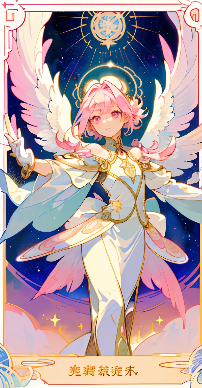 ((Masterpiece,Best Quality)),(1girl, 独奏:1.4),beautiful detail eyes, The vibrant, cinematiclight, full_body, Pink_Flowers, (tarot_card), Intricate, Detailed background, olhando_at_Viewer, madoka kaname, Outstretched hands, (flat chest), (Walking), Random Pose, Posing, (White_gloves), (Pink_eyes), white feathers, sparkles, glistering, celestial, outer space, by Alphonse Mucha, (Gold-rimmed), Halo, (The Border of the Tarot)