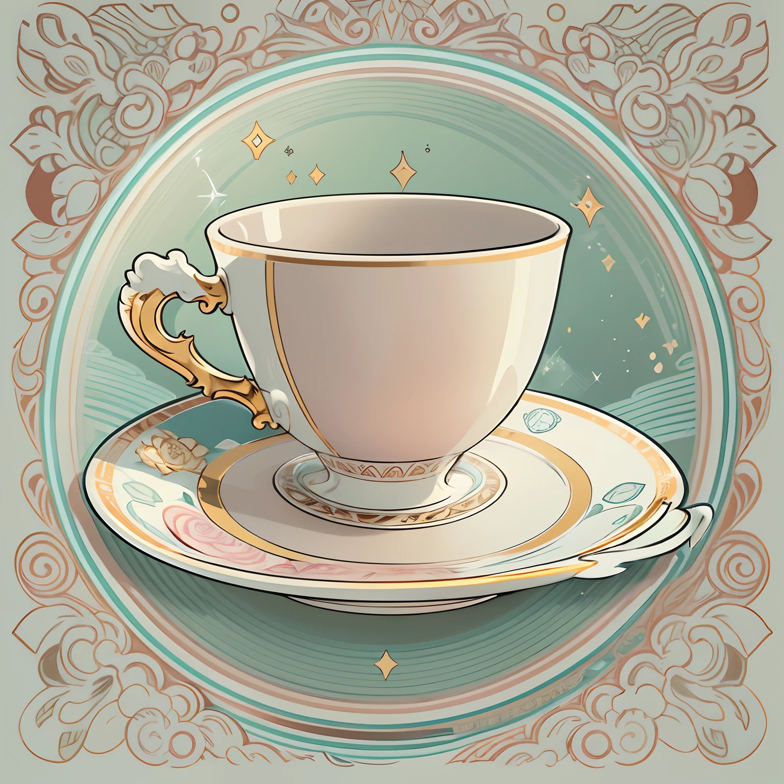 sticker,teacup, in a circle, fondo blanco, Rosa brillante, sencillo, Ultra detallado, Dibujo detallado, vectorizado, silueta, 8k, Professional sticker design, flat design, Vector lines, sticker, dibujo, dibujo, Full HD