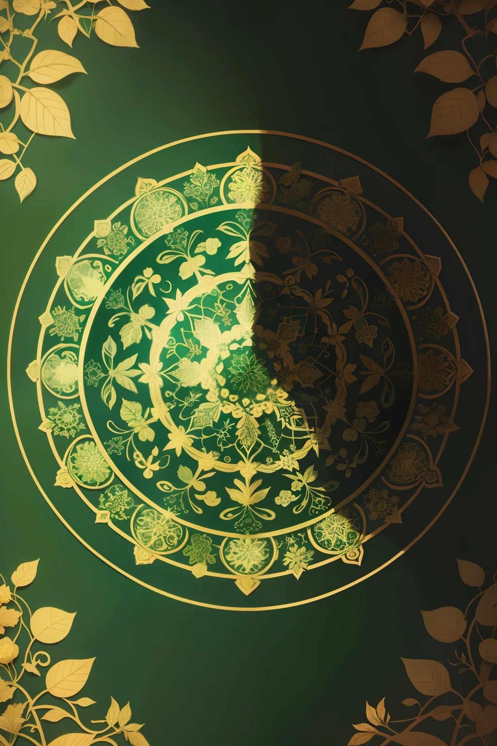 A round ornamental mandala made of green vegetation, plants, flowers and vines.