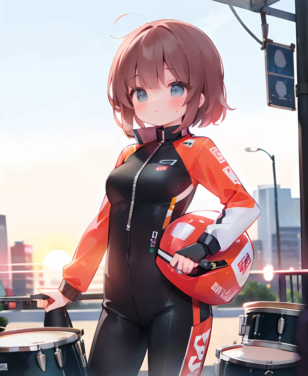 A beautiful woman in a motorcycle suit beats drums in the square Sunset
