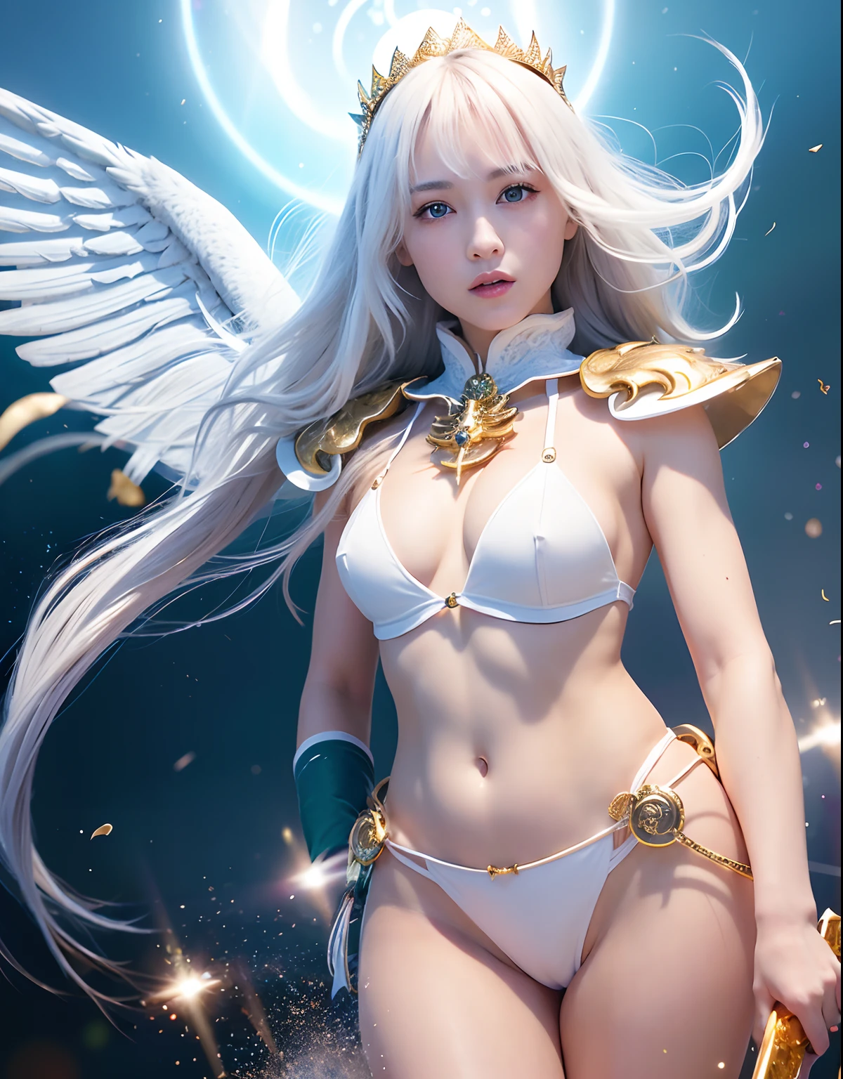 Professional , masterpiece、top-quality、photos realistic , depth of fields 、(White bikini armor)、(Particles of light)、Jewel Gold Weapon、Particles of light),Gorgeous gold weapons ,(( Gorgeous Dragon Sword)) , (White angel wings grow),(Fighting the devil)、(maikurobikini) 、((White hair))、(Castle background)、((Gangle's forest background))、Beautiful Caucasian beauty、1a person、dynamic ungle,(((A small ring of light floating overhead)))、Smaller head、Idle Smile、Thin and beautiful female hands、Mystical expression、Light Effects、intense fighting、Wind-effect、magic circles、(White angel wings grow)、