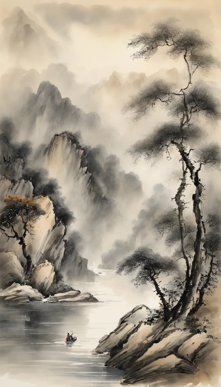 Chinese landscape painting，ink and watercolor painting，water ink，ink，Smudge，Faraway view，Ultra-wide viewing angle，Meticulous，water ink，Smudge，Meticulous，Smudge，low-saturation，Low contrast，The light boat has crossed the Ten Thousand Heavy Mountains，Beautifully depicted，A detailed，acurate，Works of masters，tmasterpiece