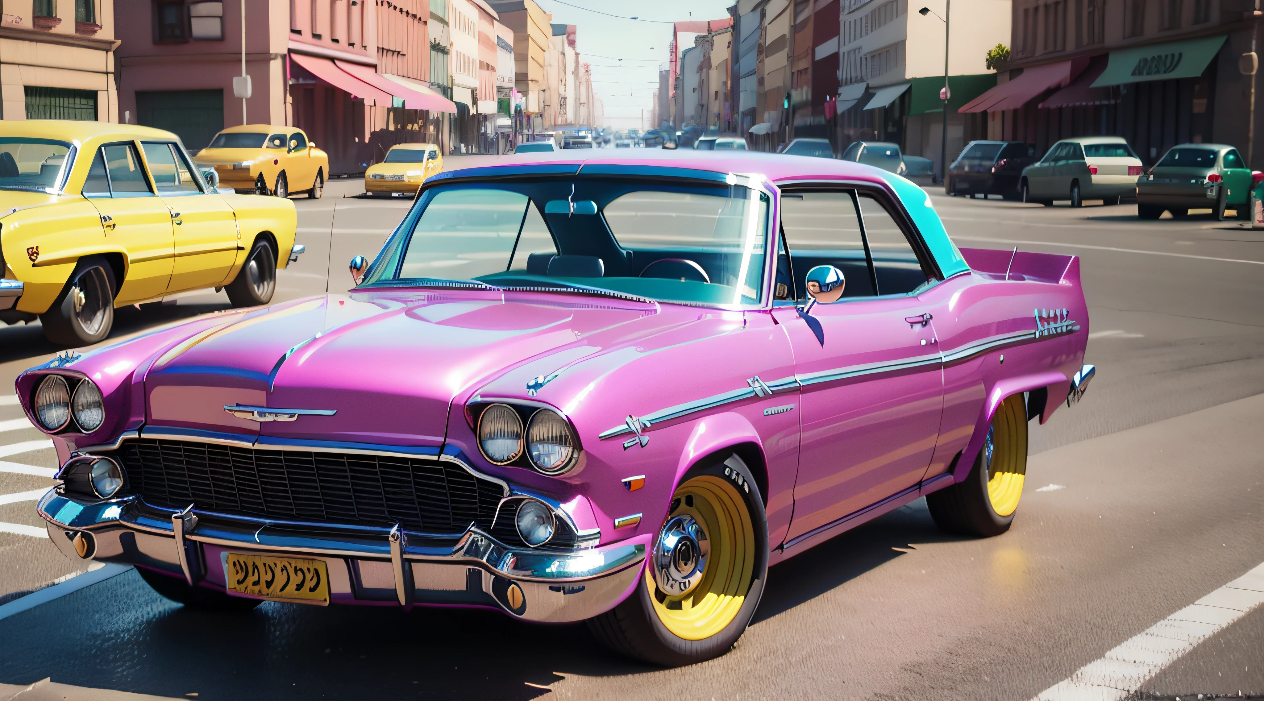 highly detailed 3D render cute lowrider car, kids cartoon style, high detailed textures, soft smooth textures, colorful gradient in background.