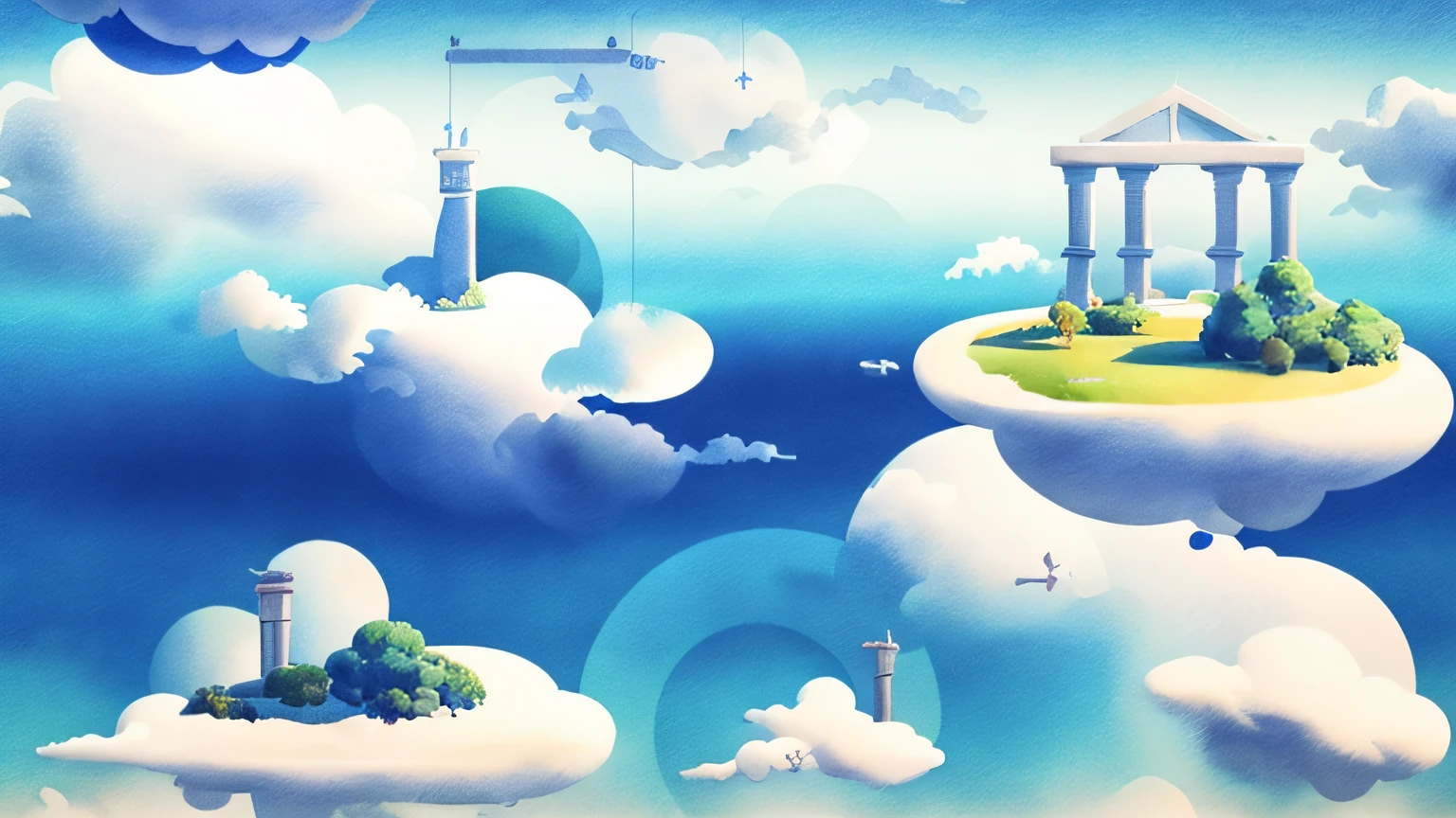 There are many clouds floating in the sky, videogame background, floating lands in-clouds, floating city on clouds, Mobile game background,arte de fundo, game background, Flat 2D game background, Flat random background scene, Cloudy background,watercolour