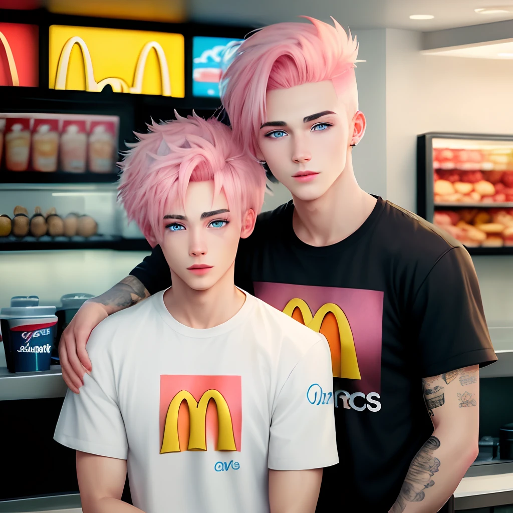 men with Blue eyes and pink hair in the MC donald