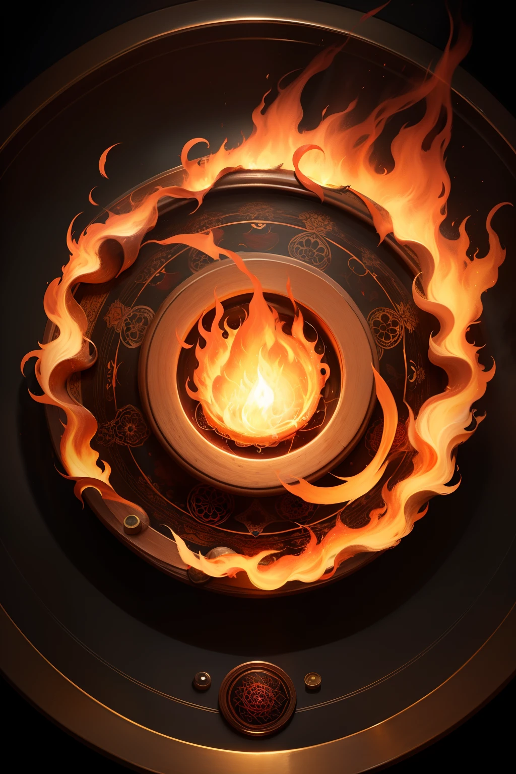 A round ornamental mandala made of fire, flames and a whirlpool of lava.