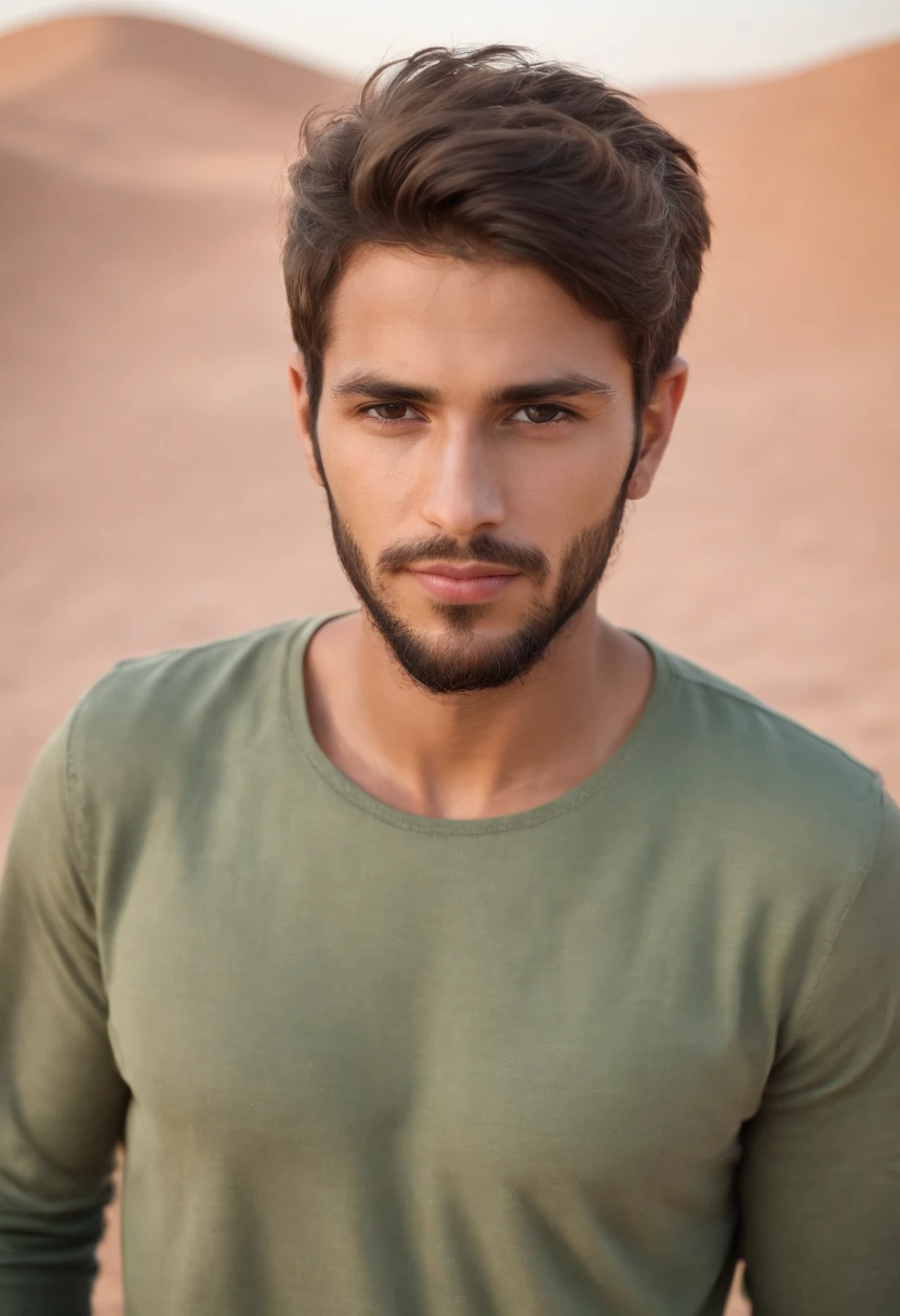 25 year old boy, green shirt,silky light messy hairs style, oval face shape, beard, looking at camera, walking on moroccan sahara, perfect lighting, deep shadow, best quality, masterpiece, ultra highres, photorealistic